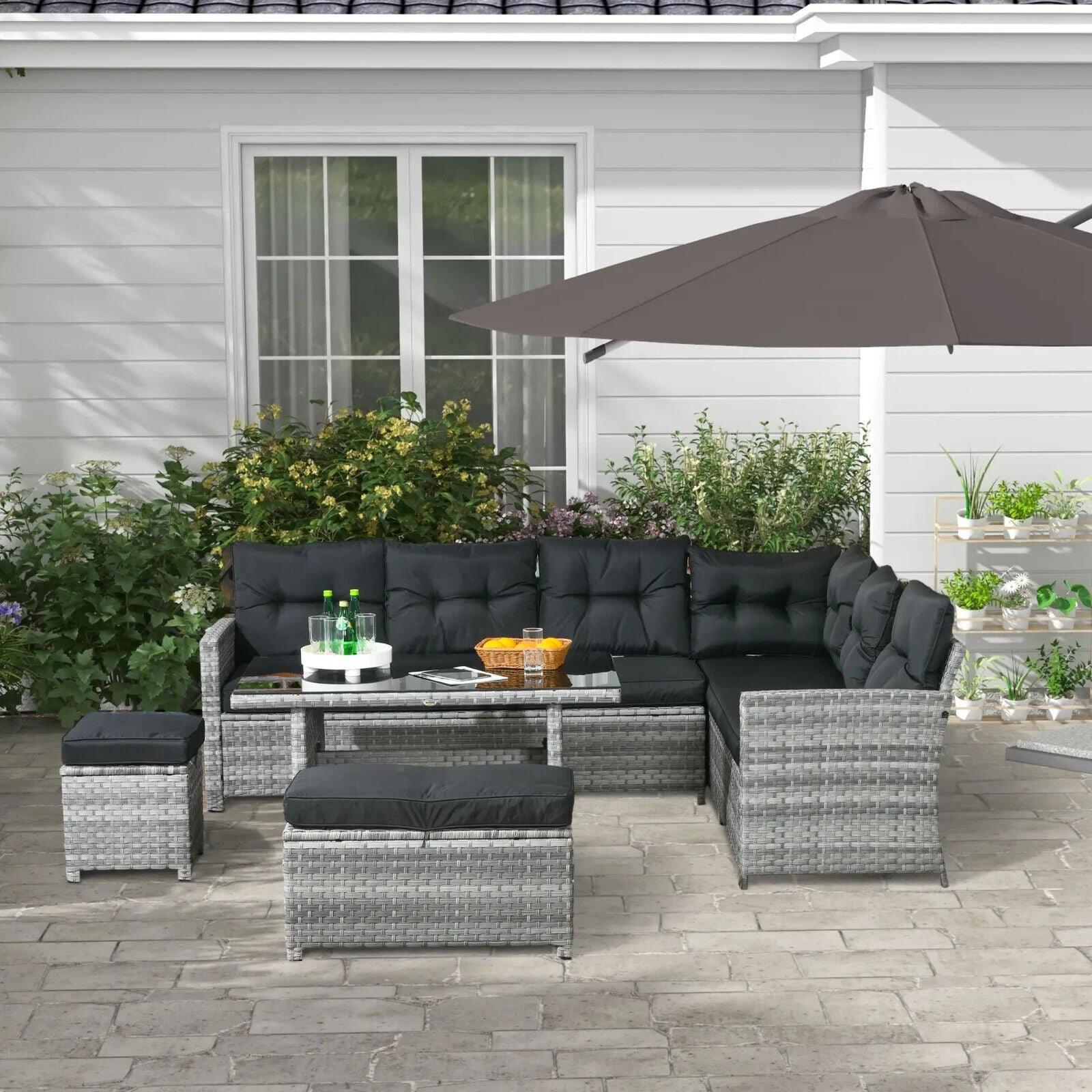 5 Piece Rattan Patio Furniture Set with Corner Sofa Footstools Table Mixed Grey - Home and Garden Furniture Shop - #rustic - furniture#