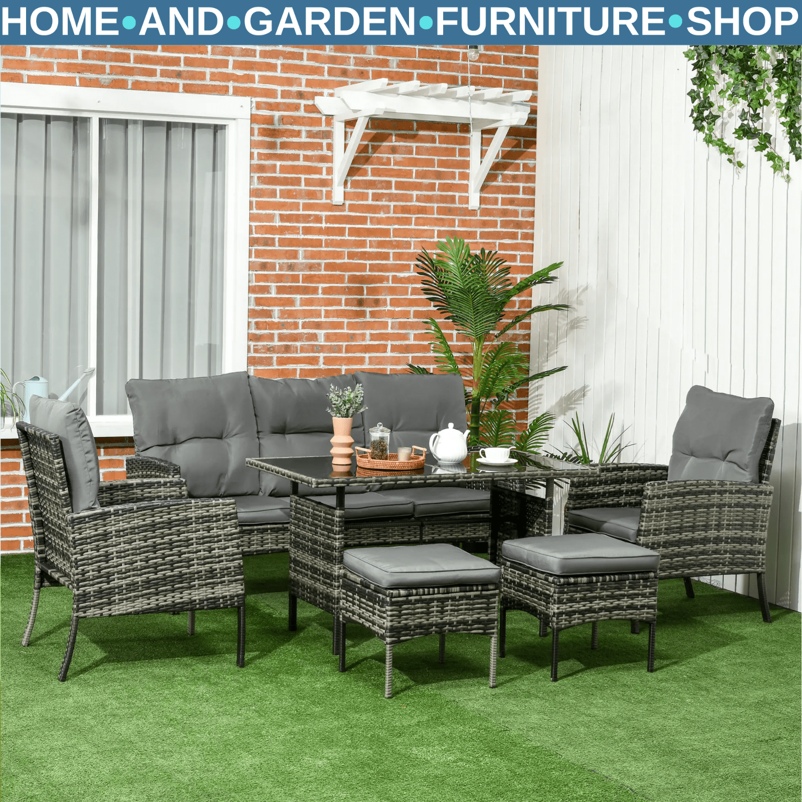 5 - Seater Rattan Garden Furniture Set Sofa Chairs Stools and Glass Top Table Grey - Home and Garden Furniture Shop - rustic - furniture