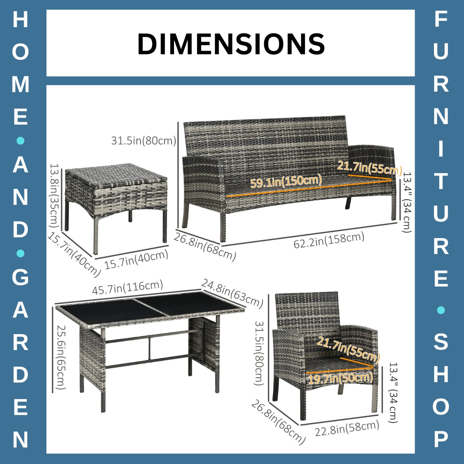 5 - Seater Rattan Garden Furniture Set Sofa Chairs Stools and Glass Top Table Grey - Home and Garden Furniture Shop - rustic - furniture