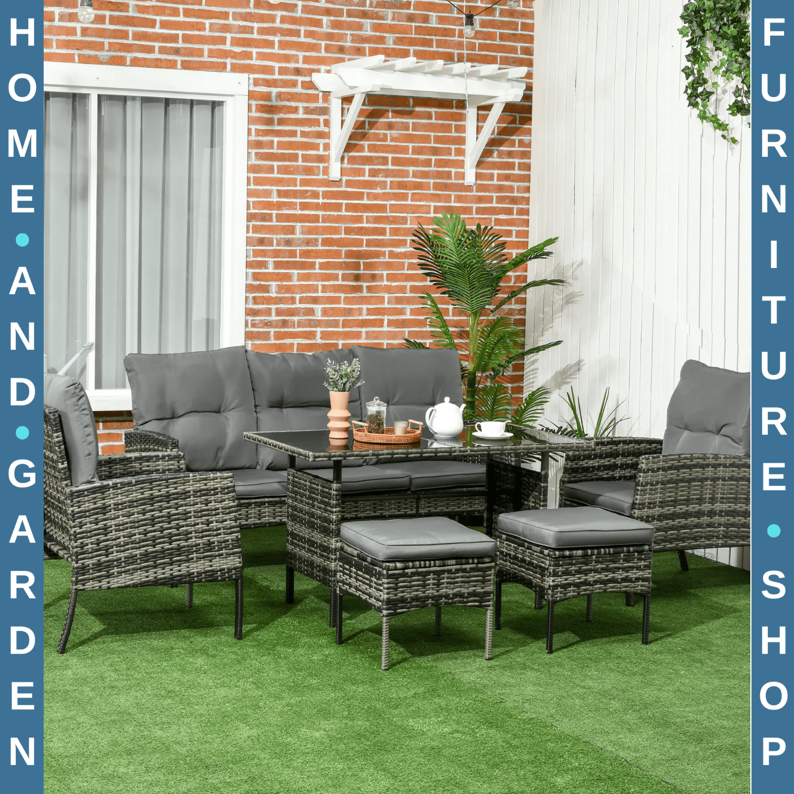 5 - Seater Rattan Garden Furniture Set Sofa Chairs Stools and Glass Top Table Grey - Home and Garden Furniture Shop - rustic - furniture