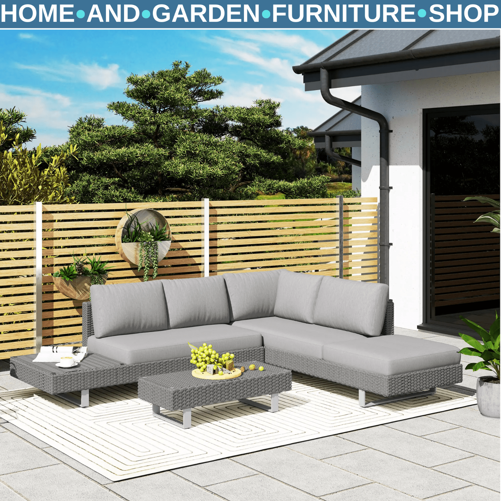 5 Seater Rattan Sofa Set Patio Furniture with Cushions and Tea Table Light Grey - Home and Garden Furniture Shop - rustic - furniture