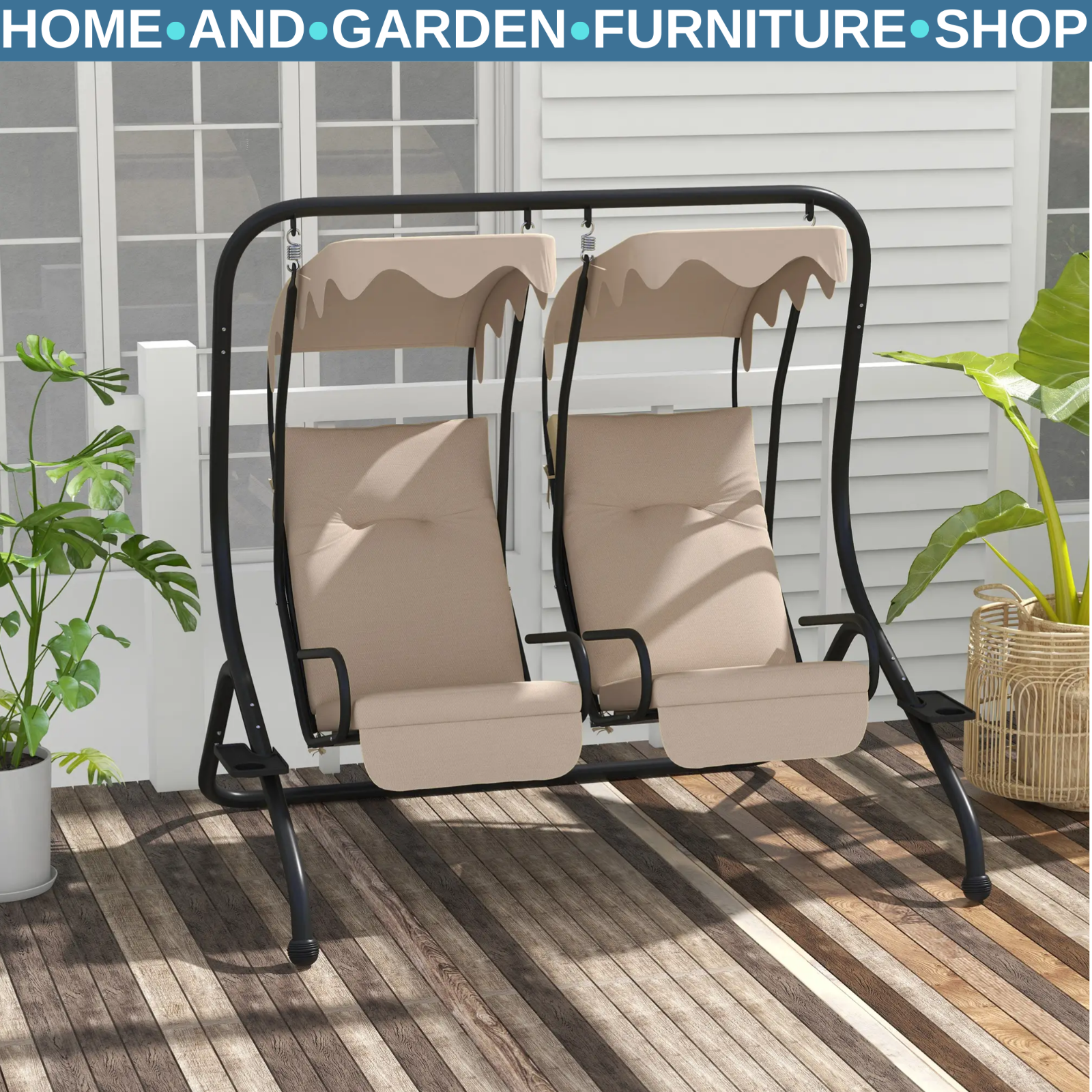 Hammock Swing Bench 2-Seater Weather-Resistant with Adjustable Canopy Beige