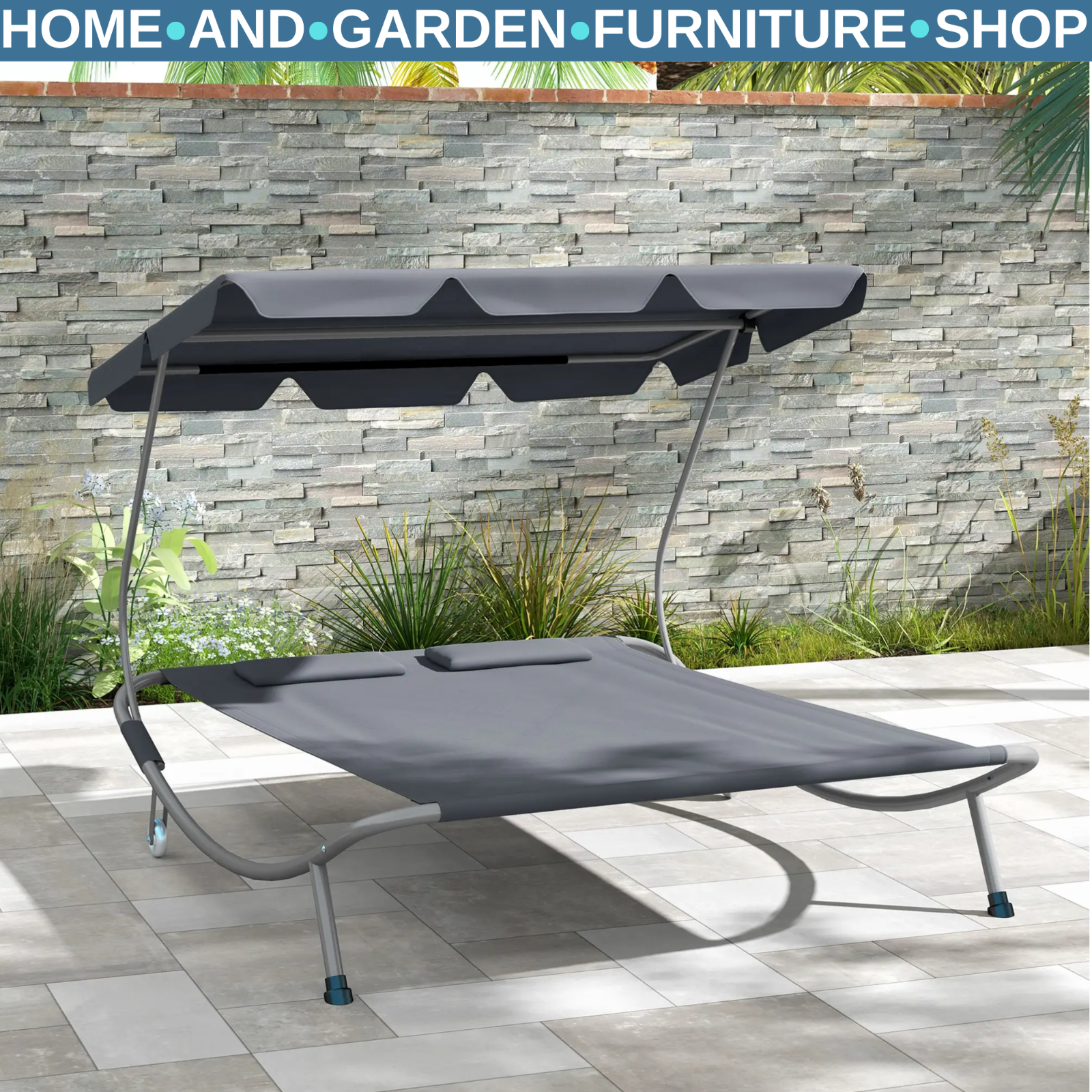 Hammock Sun Lounger 2-Seater w/ 2-Padded Pillows & Adjustable Canopy Light Grey