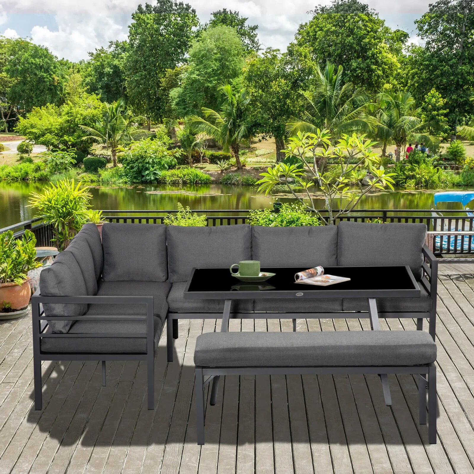 4 Piece L Shaped Garden Furniture Set 8 Seater Aluminium Dining Sofa with Bench