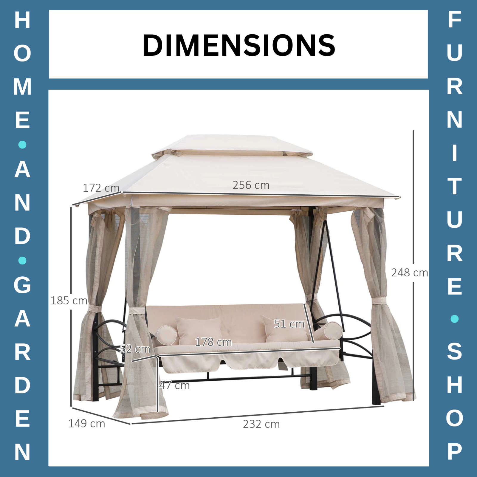 Hammock Swing Bench 3-Seater with 2-Tier Gazebo Canopy & Mesh Netting Beige