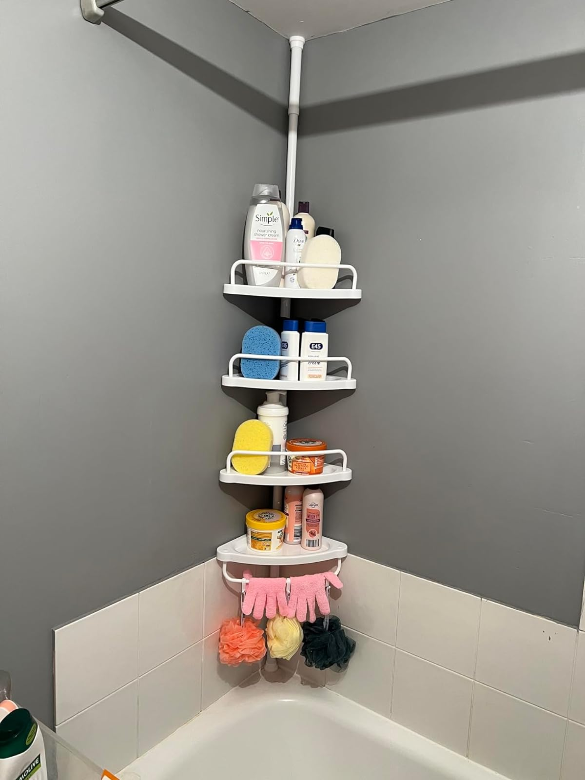 White Adjustable Corner Bathroom Shelf Shower Caddy Storage Telescopic Pole Unit