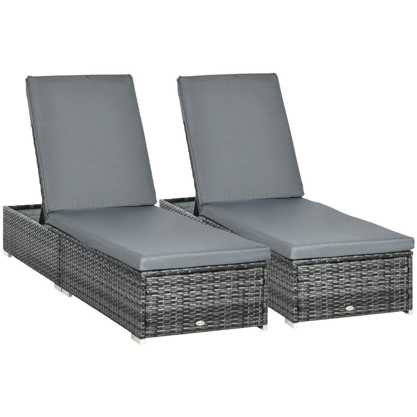 Set of 2 PE Rattan Sun Loungers with  5-Level Recliner Backrest and Cushion Grey