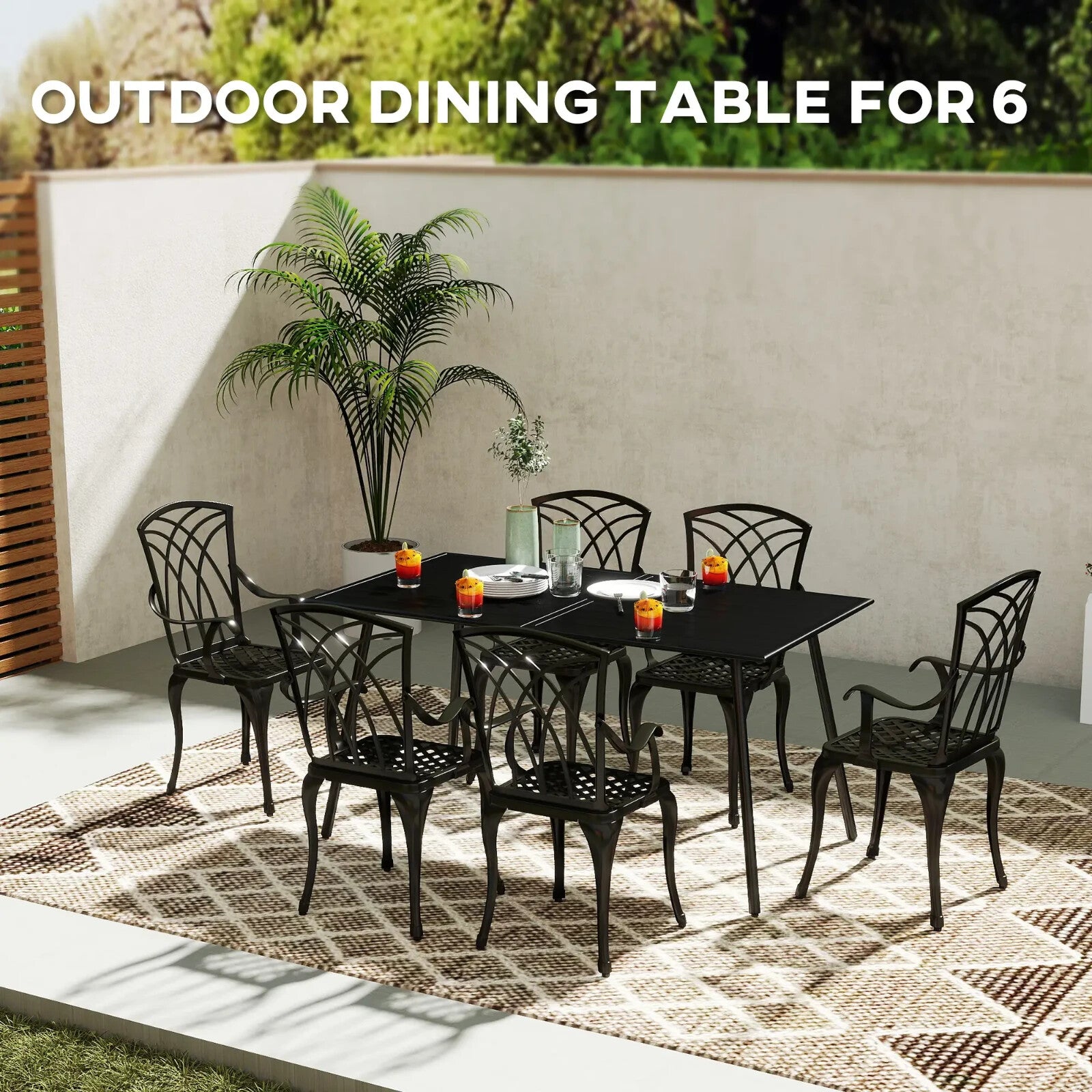 Metal Outdoor Table Black Garden Dining Table for 6 People Slat Top Steel Frame