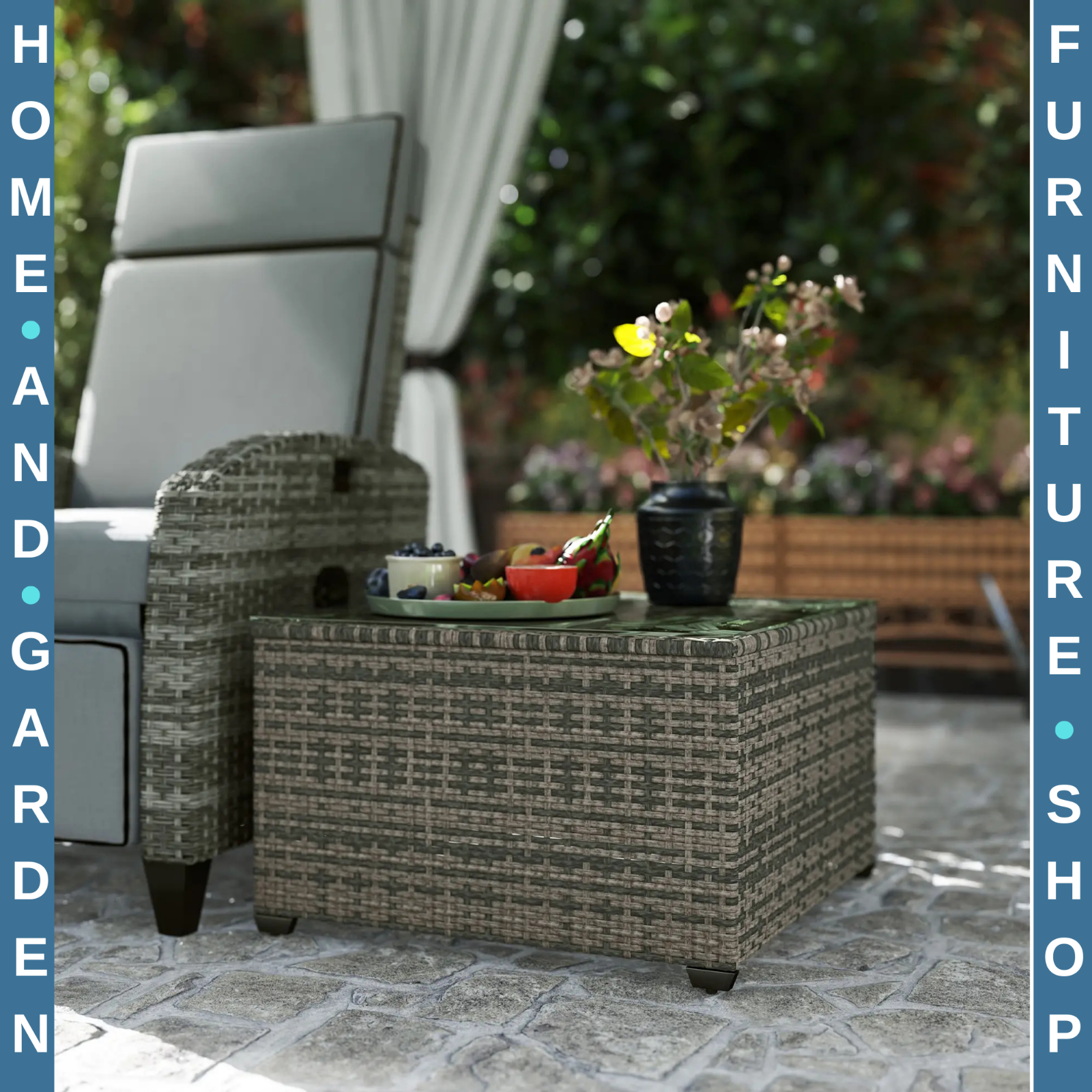 62 x 62cm Rattan Garden Side Table w/ Glass Top Patio Coffee Table for Home Use