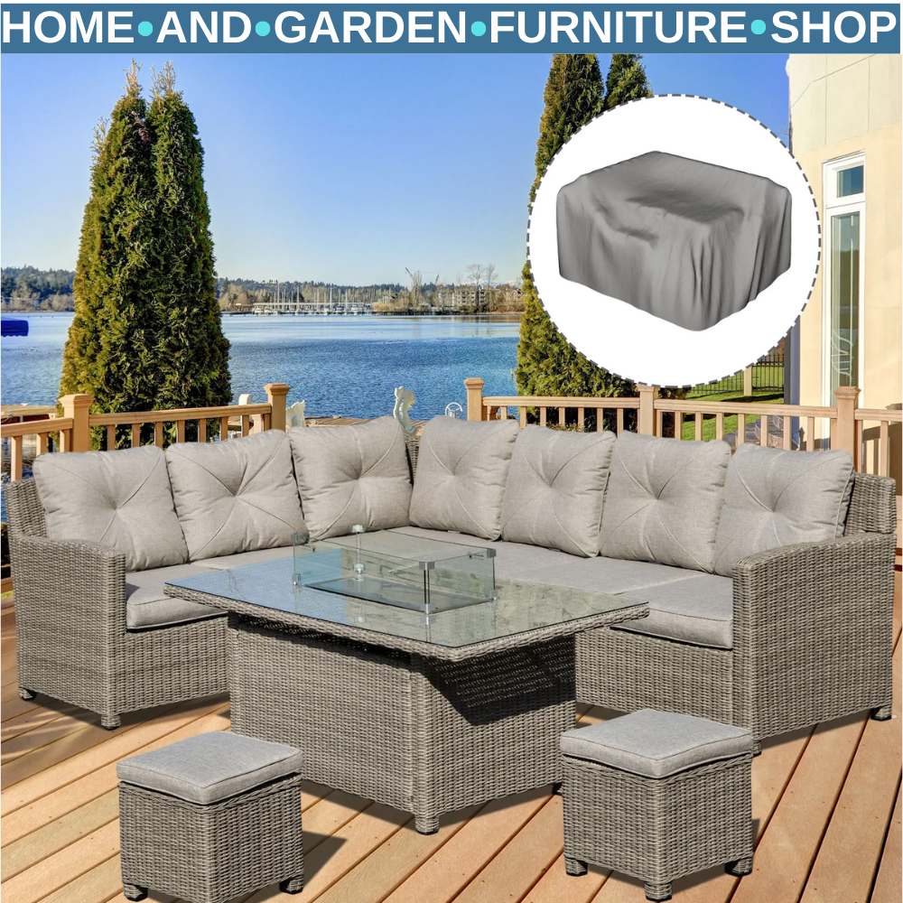 8-Seater Rattan Garden Furniture Set w/ L-Shape Sofa, Footstool & Fire Pit Table