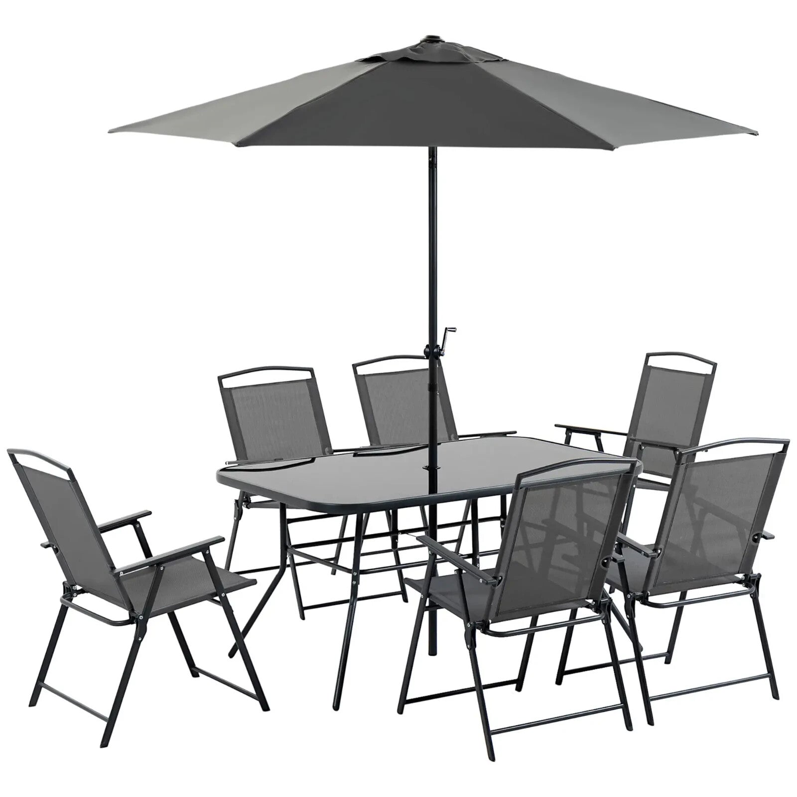8 Pcs Metal Garden Furniture Set with Parasol Folding Chairs and 6 Seater Table