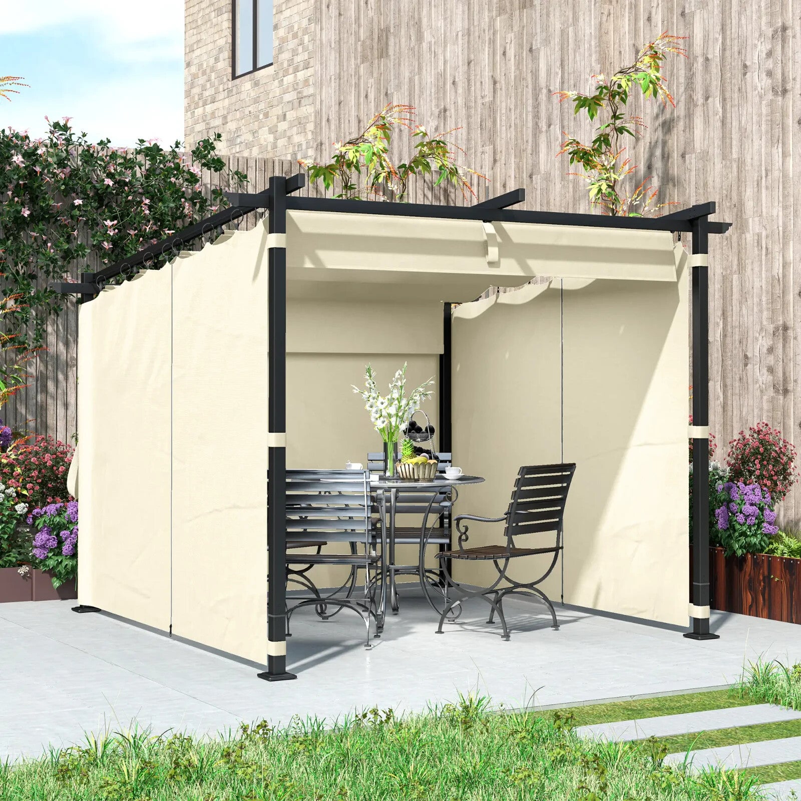 Metal Pergola 3 x 3 m Garden Gazebo Heavy Duty Frame Roof and Sidewall Sun Shade