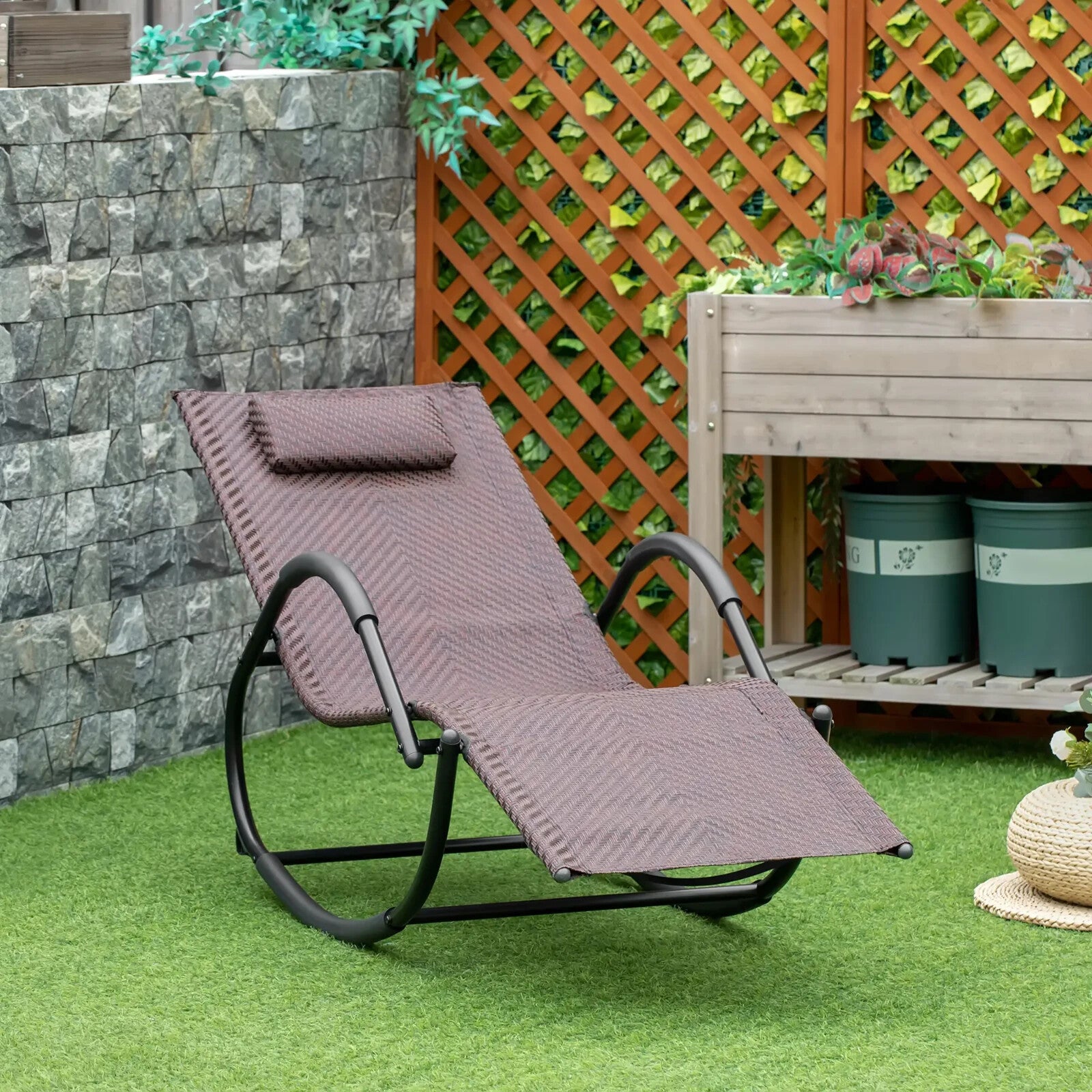 Rocking Sun Lounger Zero Gravity Chair Recliner Seat with Padded Pillow Brown