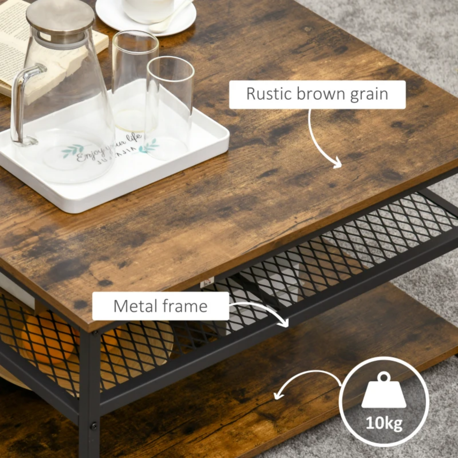 Industrial Square Coffee Table Storage Shelf End Table for Living Room Furniture