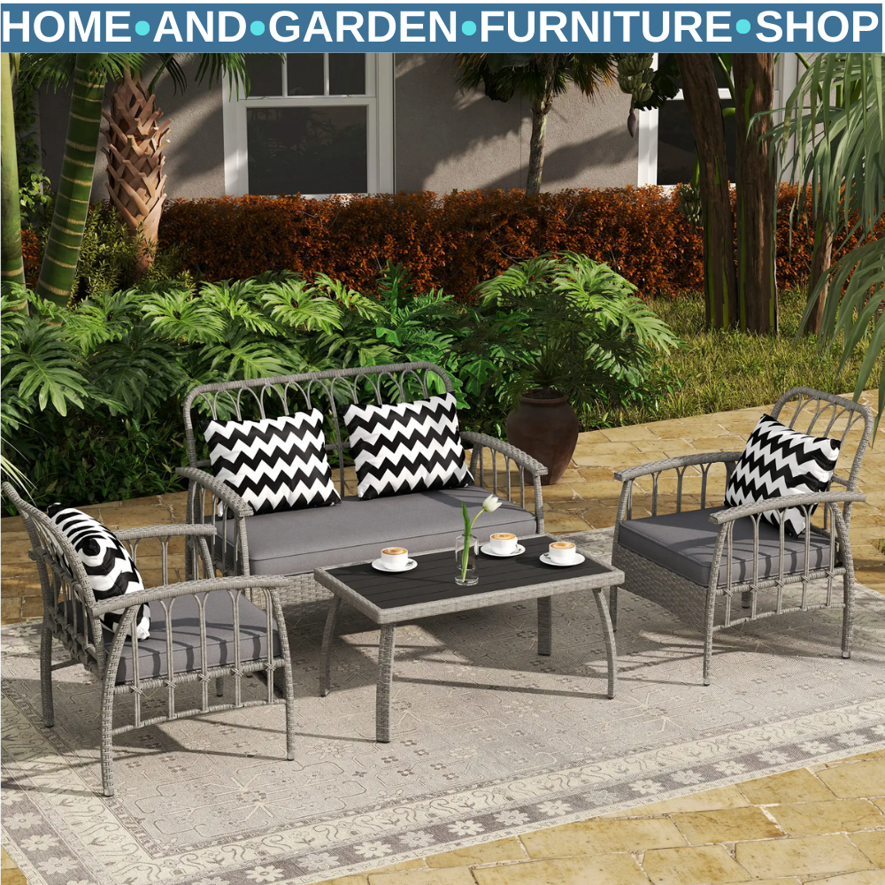 4 Piece Rattan Garden Furniture Set w/ Adjustable Back Loveseat & Outdoor Chairs