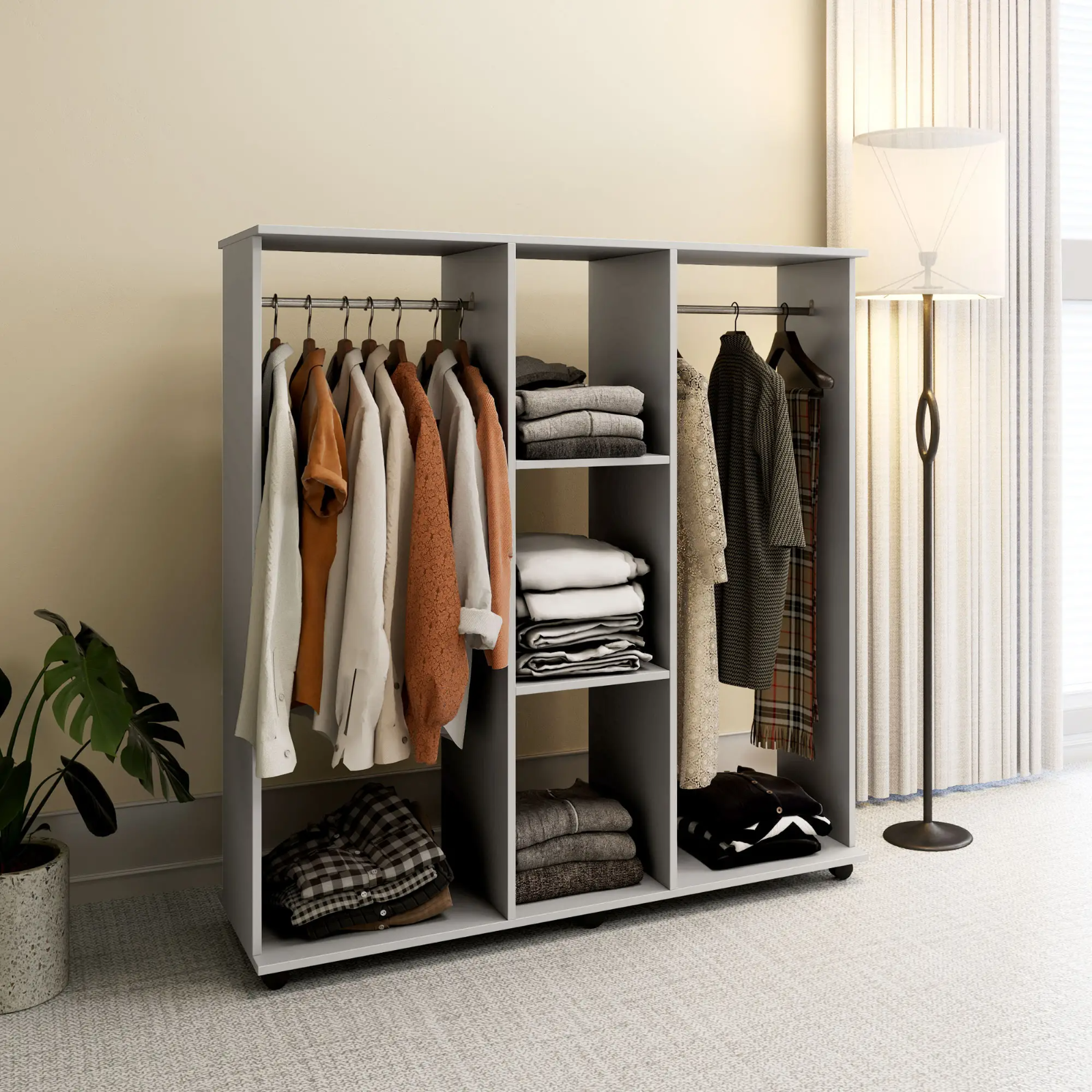 Mobile Open Wardrobe Clothes Hanging Rail Storage Shelves Metal Rail on 6 Wheels