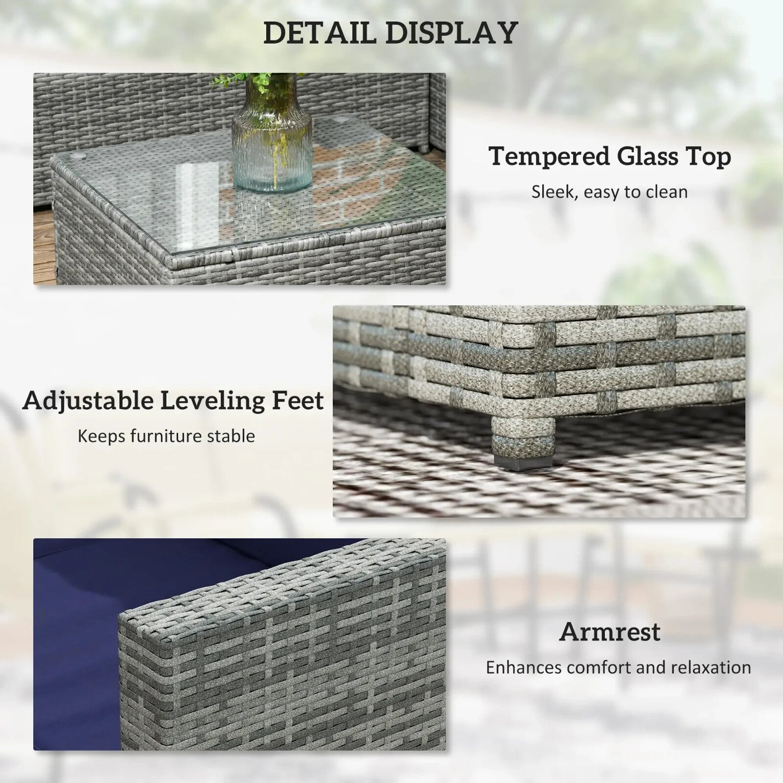 3 Piece Rattan Garden Furniture Set w/Cushion 4 Seater Corner Sofa & Glass Table