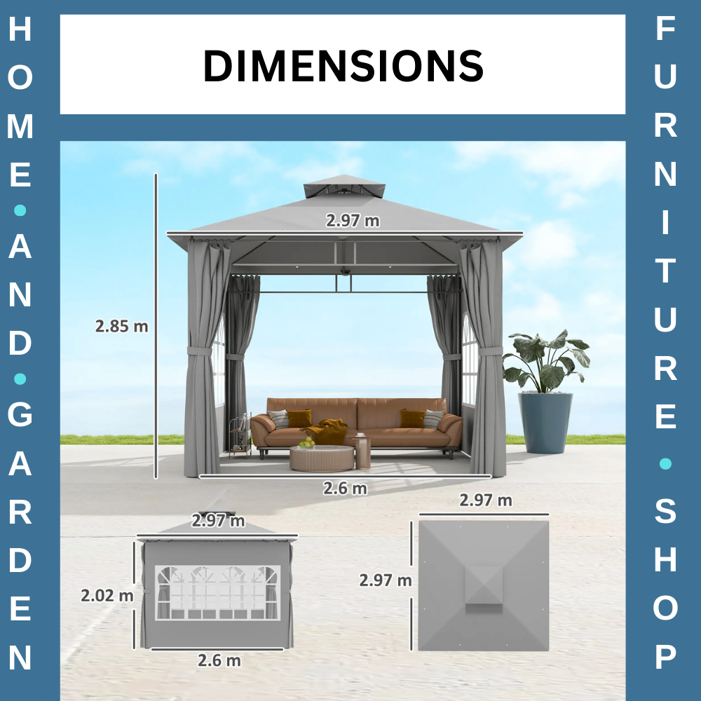 3x3m Metal Garden Gazebo with Double Roof Removable Sidewalls and Church Windows