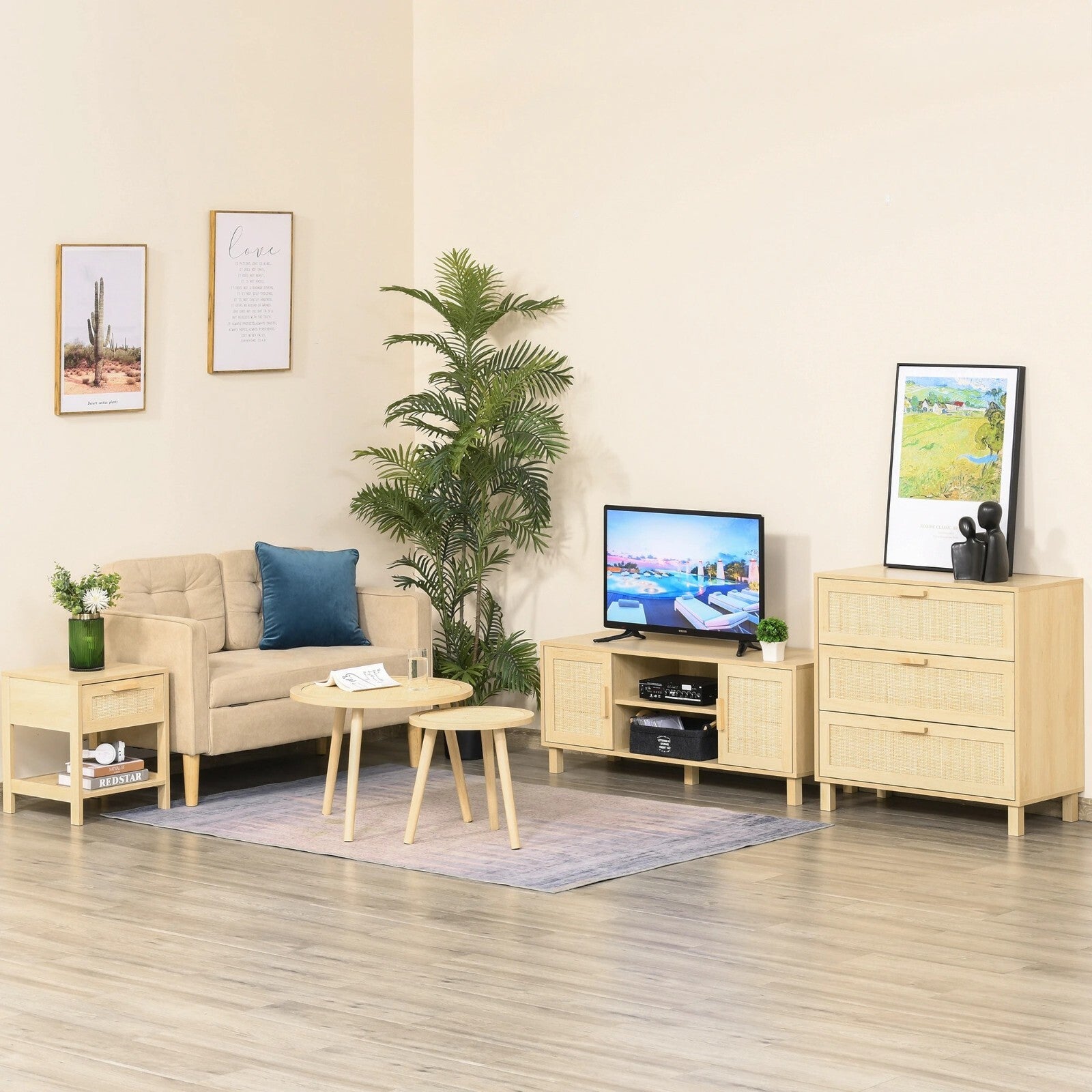 Bedroom Bedside Table Nightstand Storage Organiser Drawer Rattan Shelf Oak Style