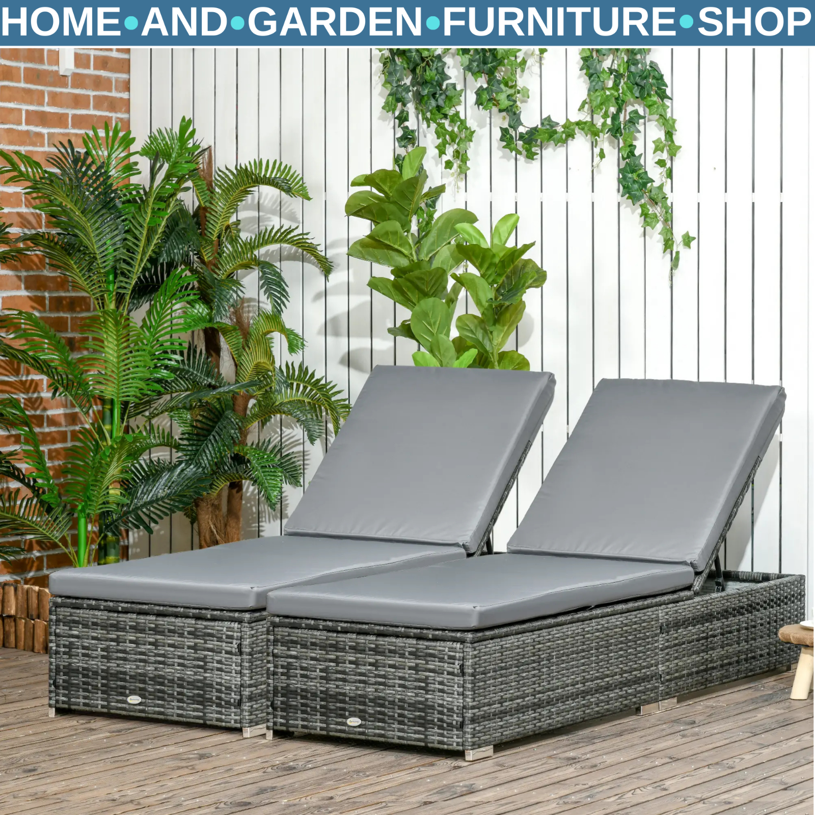 Set of 2 PE Rattan Sun Loungers with  5-Level Recliner Backrest and Cushion Grey
