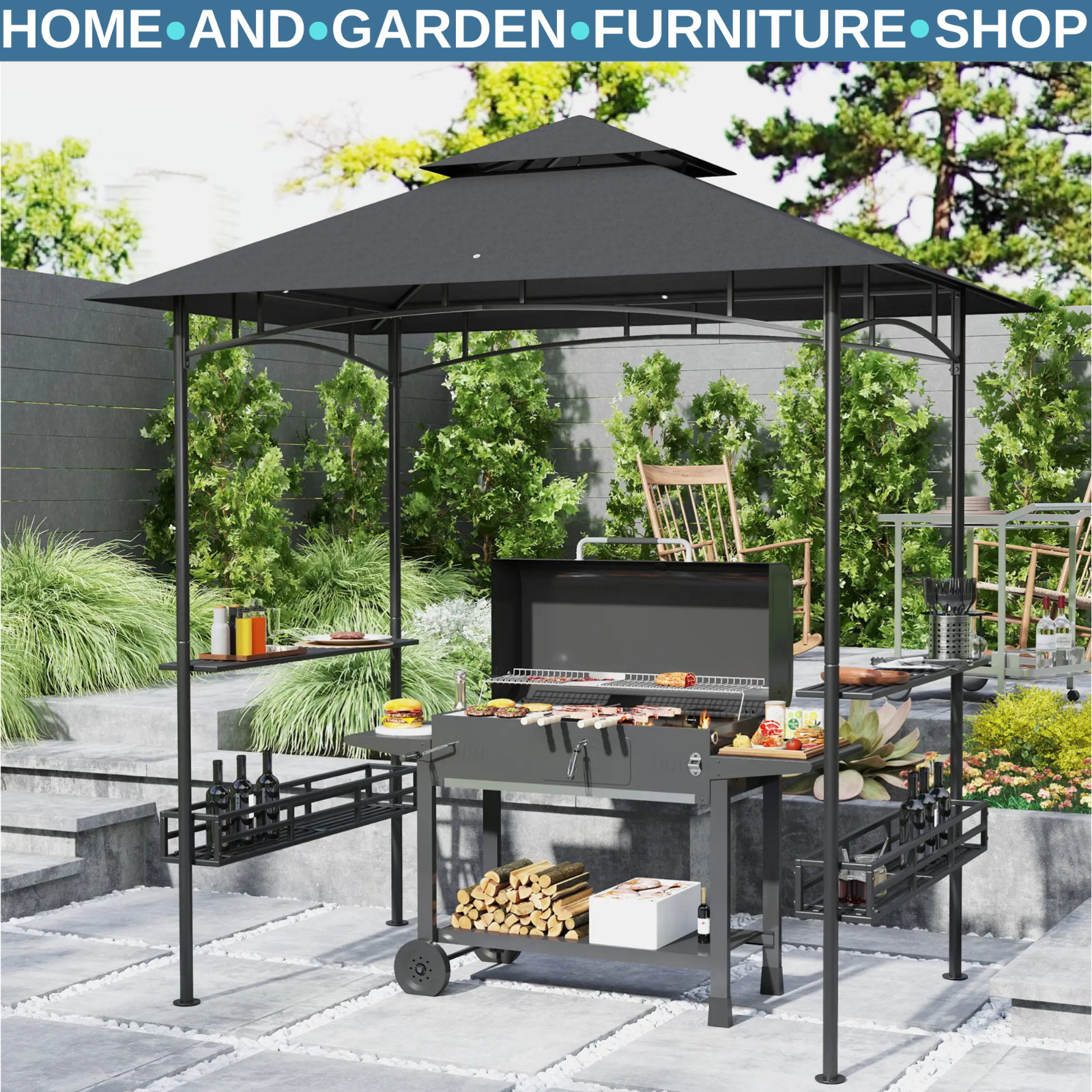 8×5 ft Grill Gazebo BBQ Shelter w/ Double Tier Roof Side Shelves&Storage Baskets