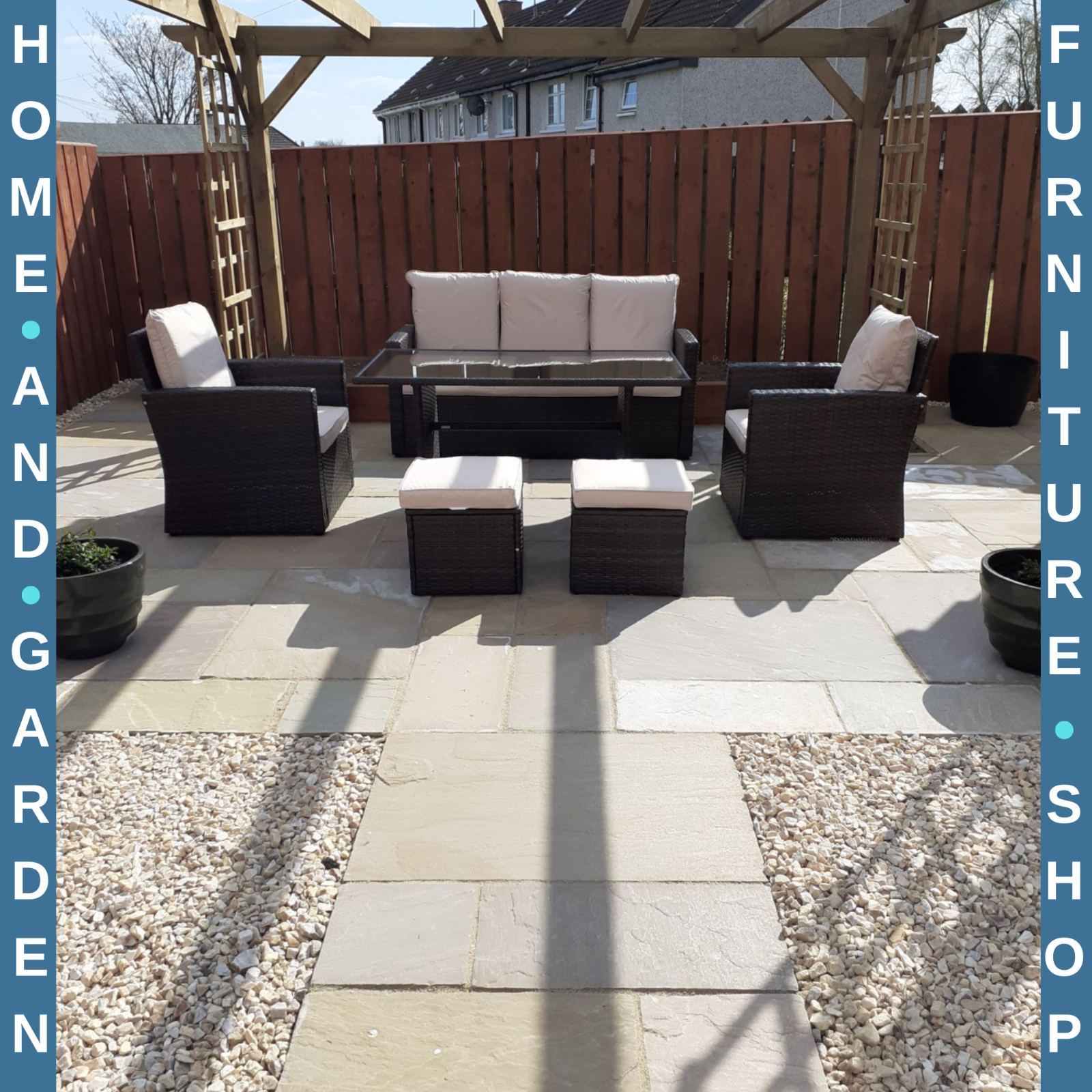 Brown Rattan Furniture Patio Sofa Set with Glass Dining Table & Chairs Cushion