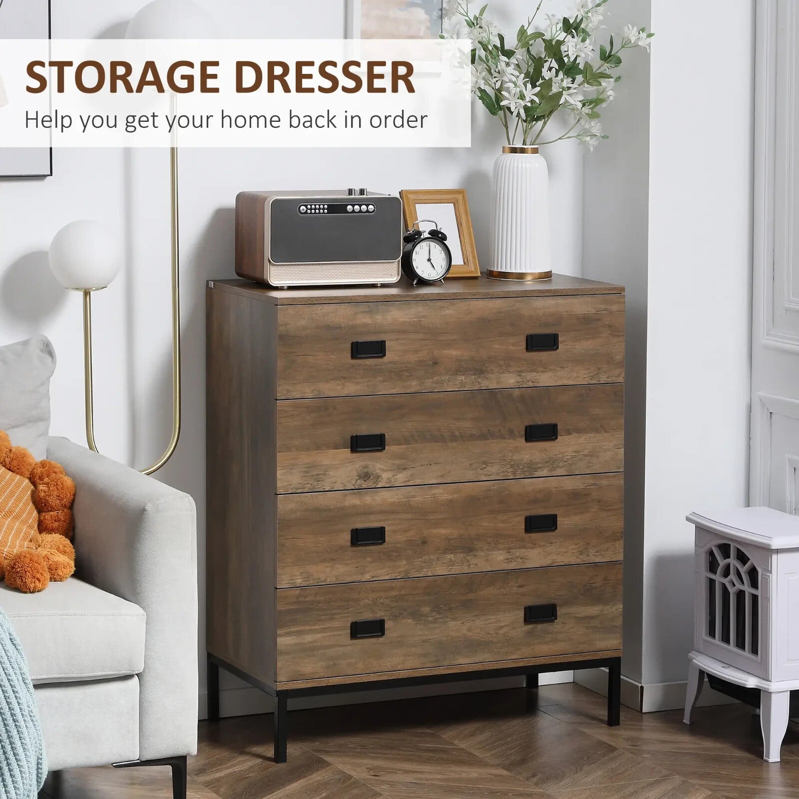 Industrial Chest of Drawers 4 Drawer Dresser Storage Bedroom Cabinet Living Room