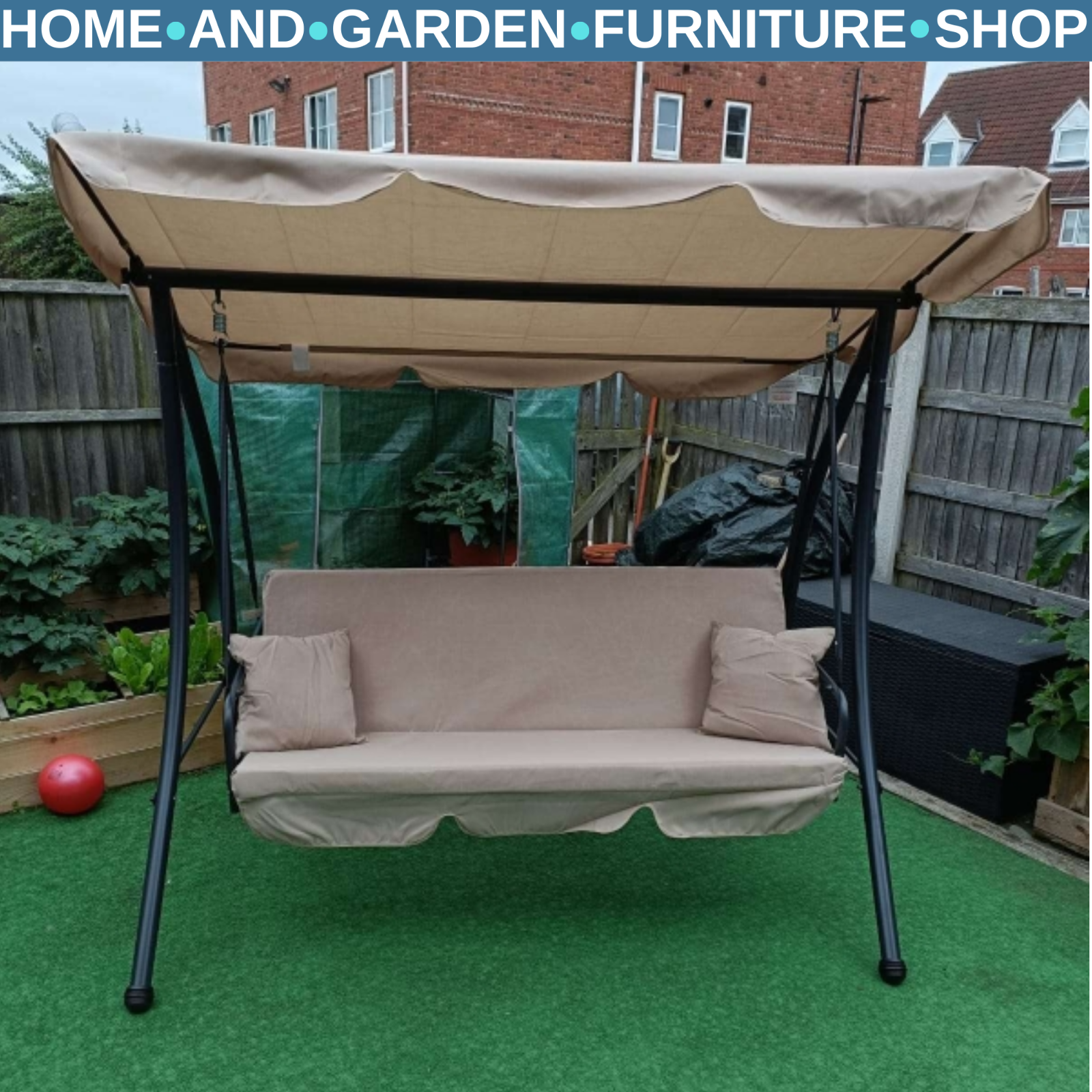 2-in-1 Hammock Swing Chair 3-Seater Powder Coated w/ Cushion & Tilt Canopy Beige