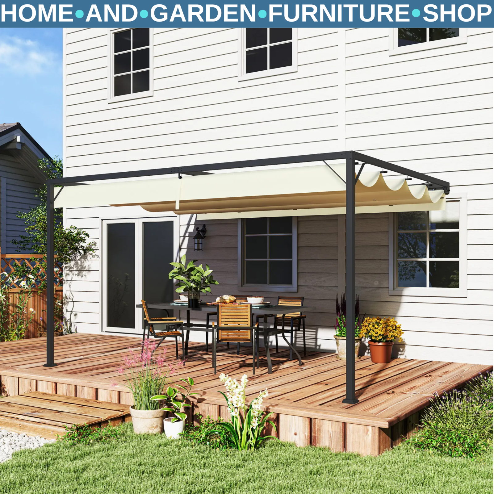 4 x 3m Outdoor Pergola Retractable Canopy Wall Mounted Awning Metal Cover Cream