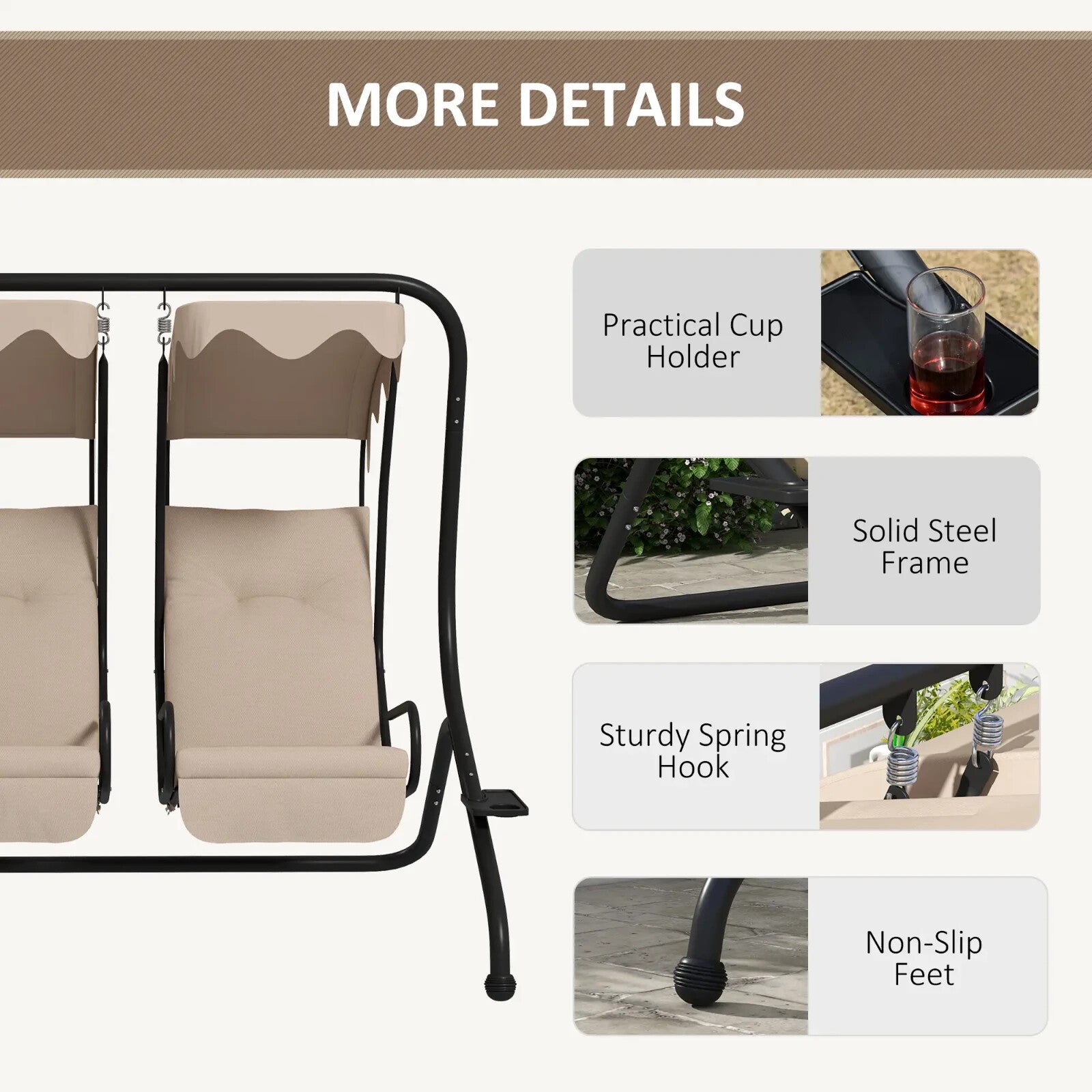 Hammock Swing Bench 2-Seater Weather-Resistant with Adjustable Canopy Beige