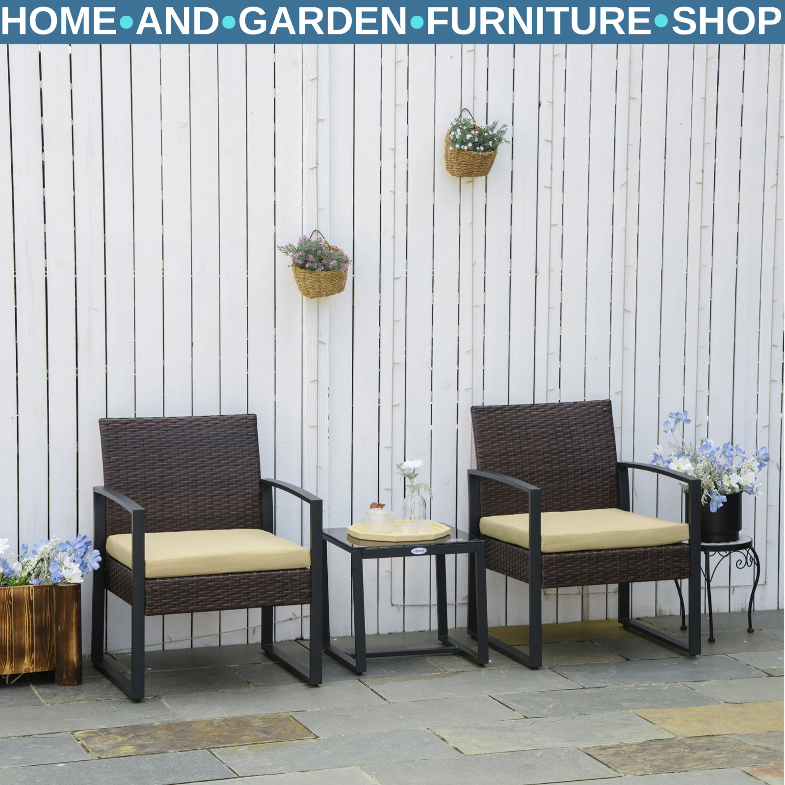 3PCs Patio Rattan Garden Bistro Set Coffe Table 2 Chairs Metal Outdoor Furniture
