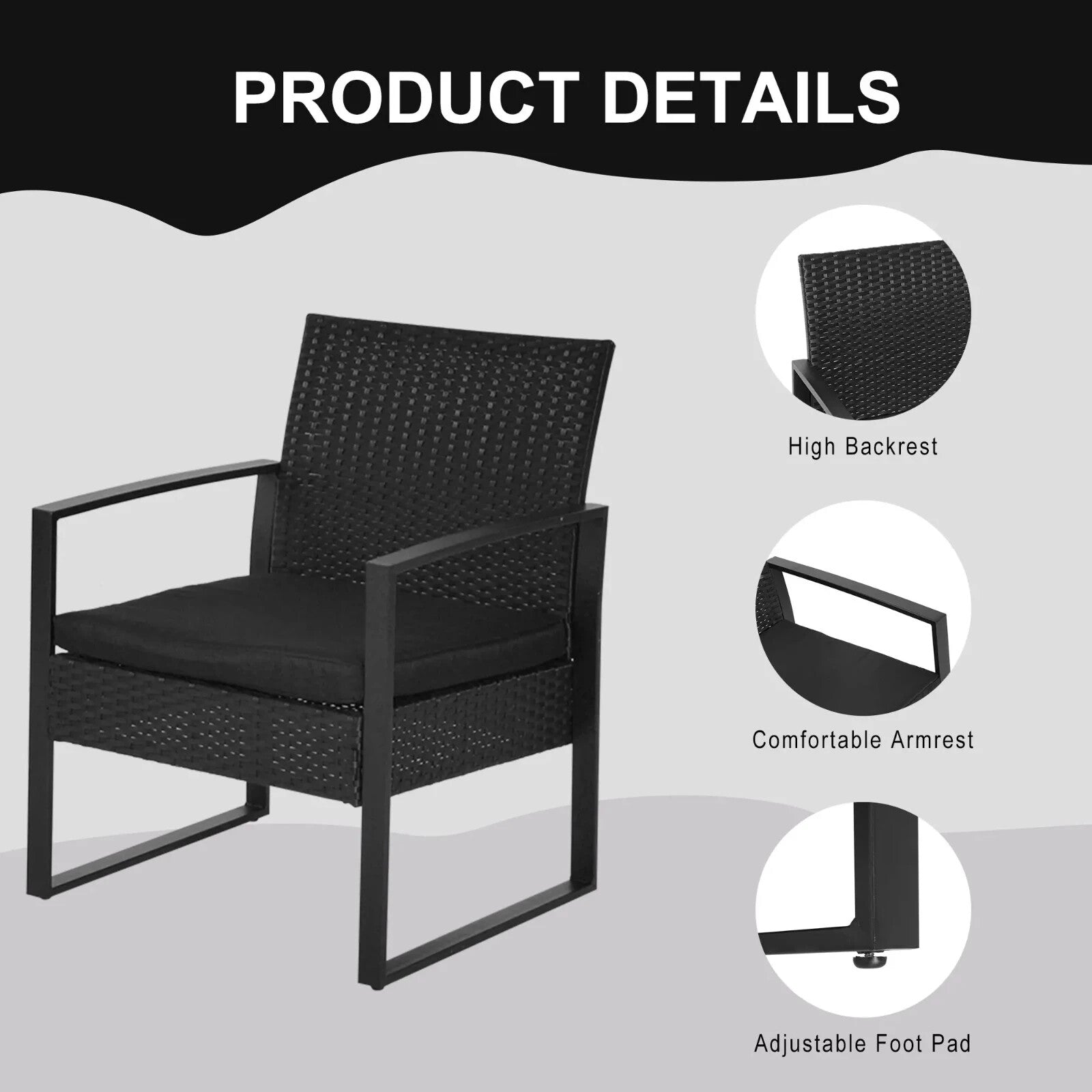 3PCs Patio Rattan Garden Bistro Set Coffe Table 2 Chairs Metal Outdoor Furniture