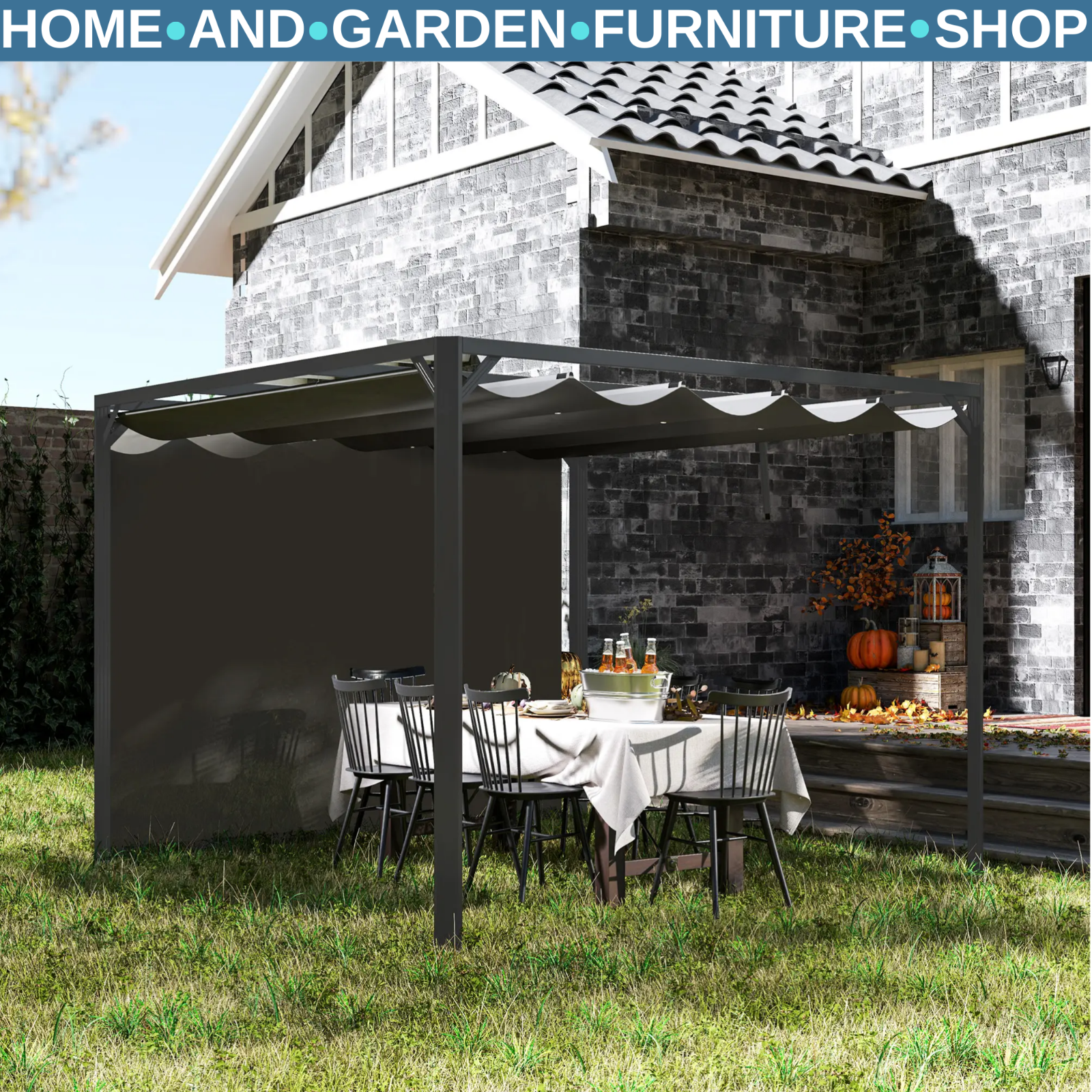 3 x 3m Metal Pergola with Retractable Roof & Roller Sun Shade Garden Gazebo Grey