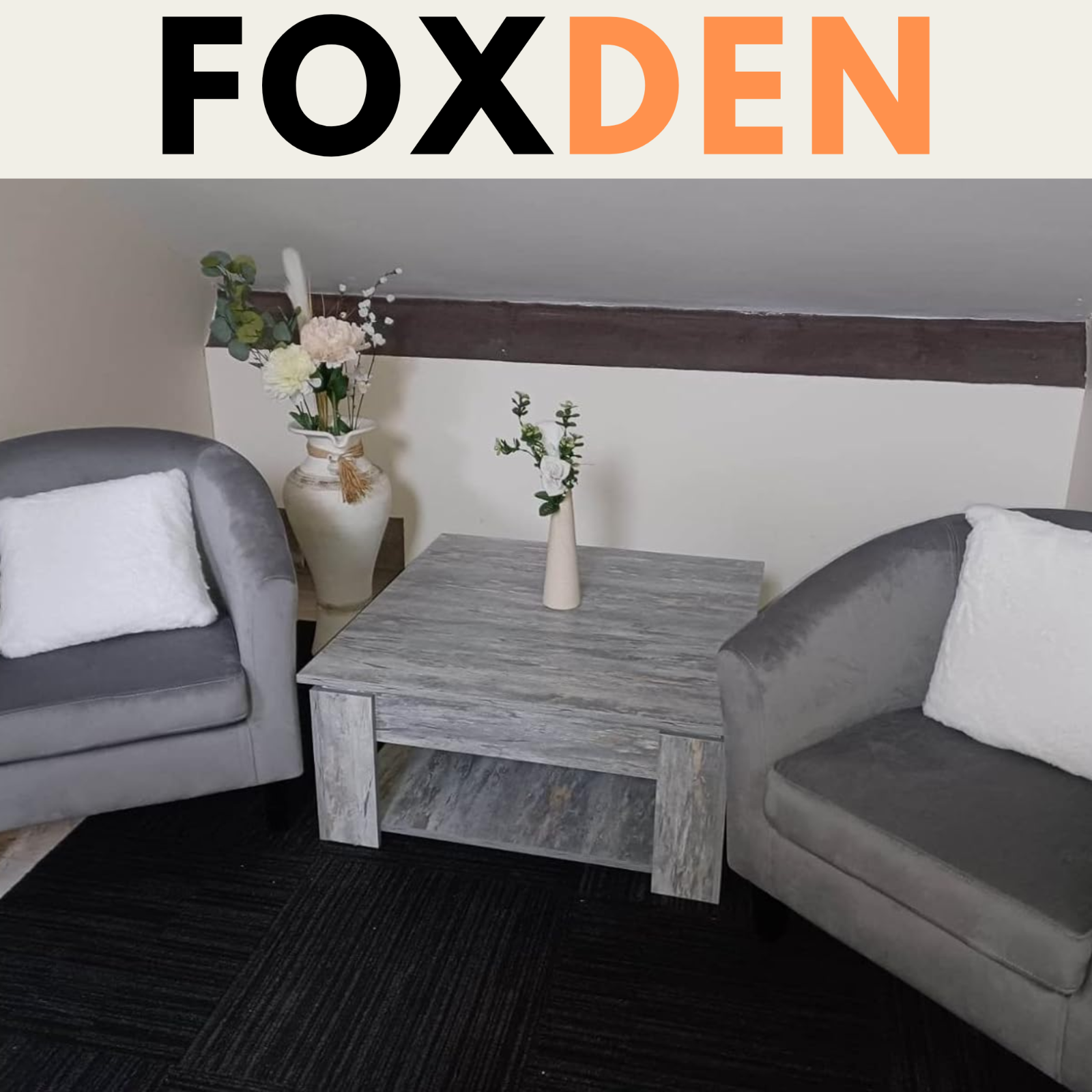 Grey Square Coffee Table with Shelf End Console Table Living Room Storage Table