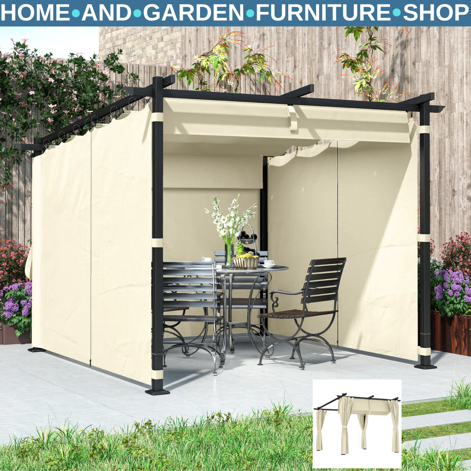 Metal Pergola 3 x 3 m Garden Gazebo Heavy Duty Frame Roof and Sidewall Sun Shade