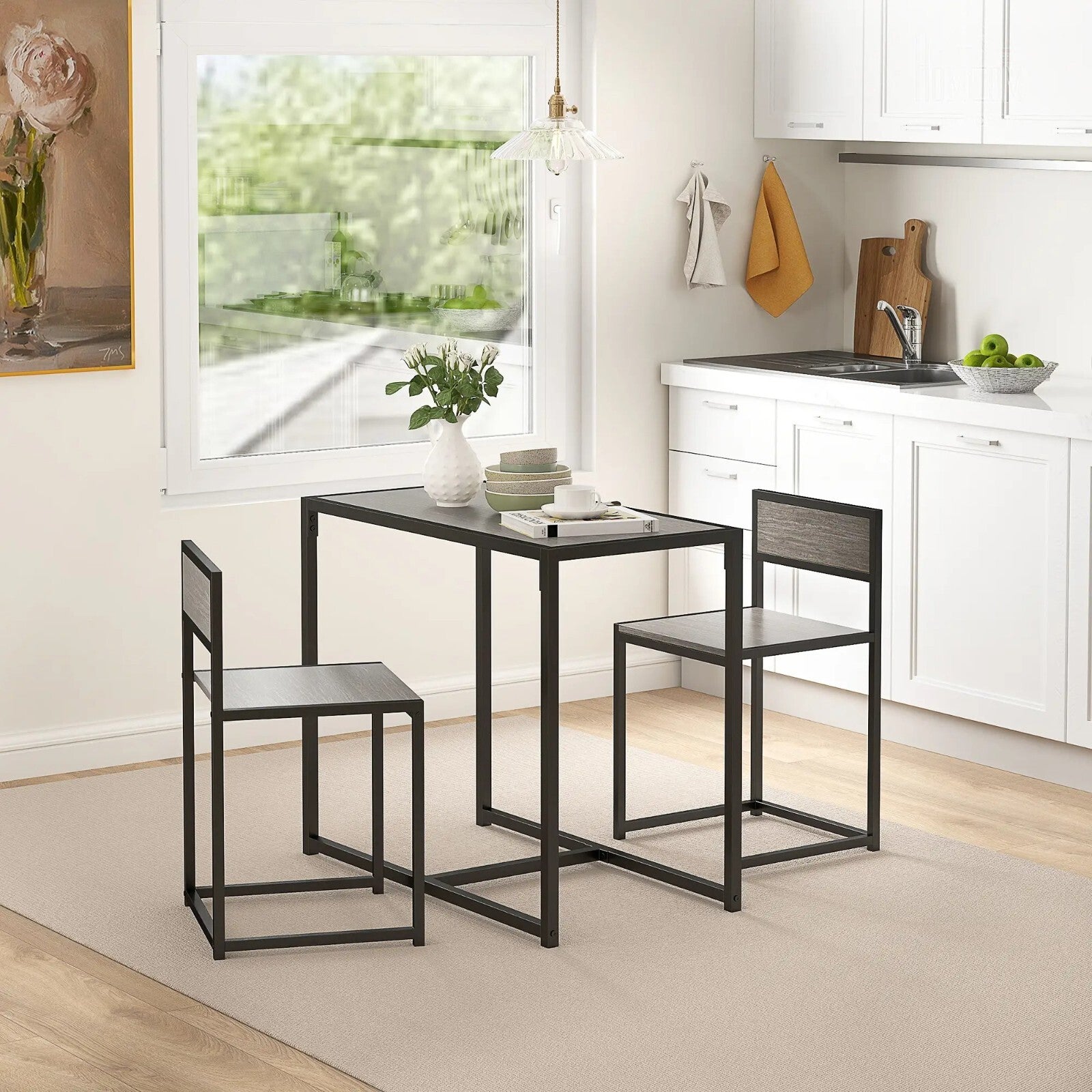 Small Dining Table 2 Chairs Set Space Saving Kitchen Breakfast Table Metal Legs