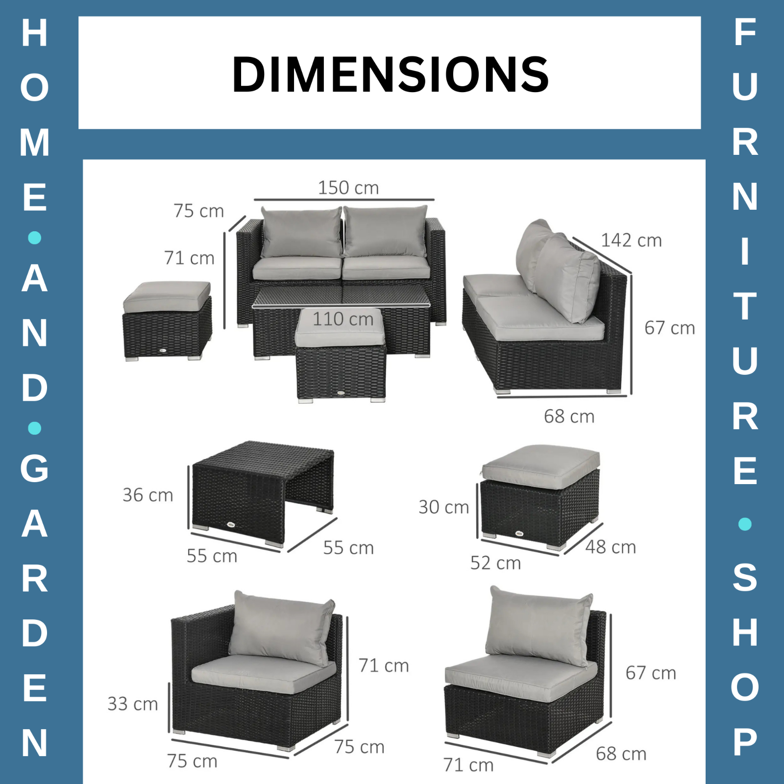 Large Outdoor Patio Furniture Black Garden Wicker Rattan Sofa Chair & Table Set