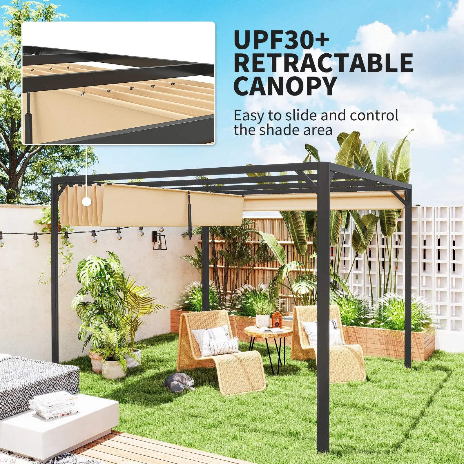 3x3 m Garden Pergola with Retractable Roof Canopy & Roller Shade Aluminium Frame