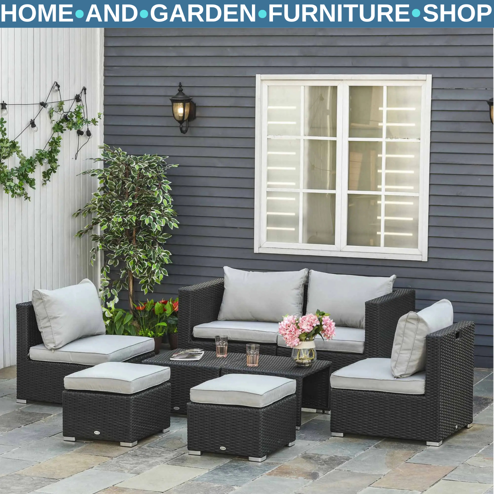 Large Outdoor Patio Furniture Black Garden Wicker Rattan Sofa Chair & Table Set