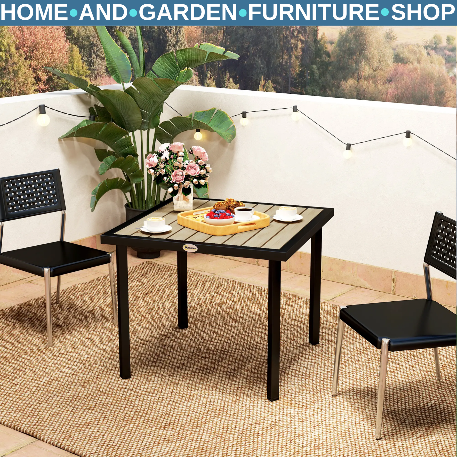 Outdoor Garden Dining Table Square Metal Frame Slatted Top With Parasol Hole