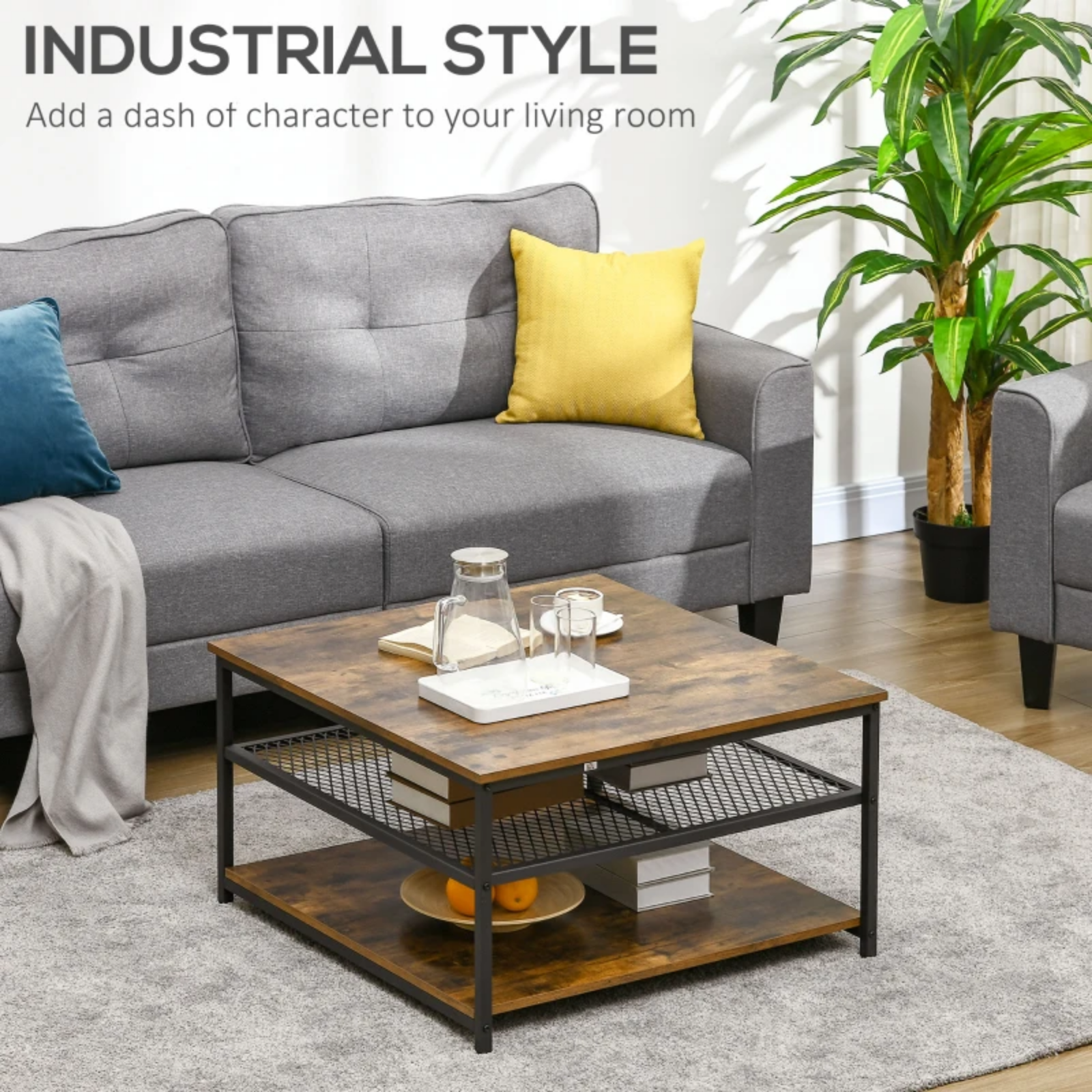Industrial Square Coffee Table Storage Shelf End Table for Living Room Furniture