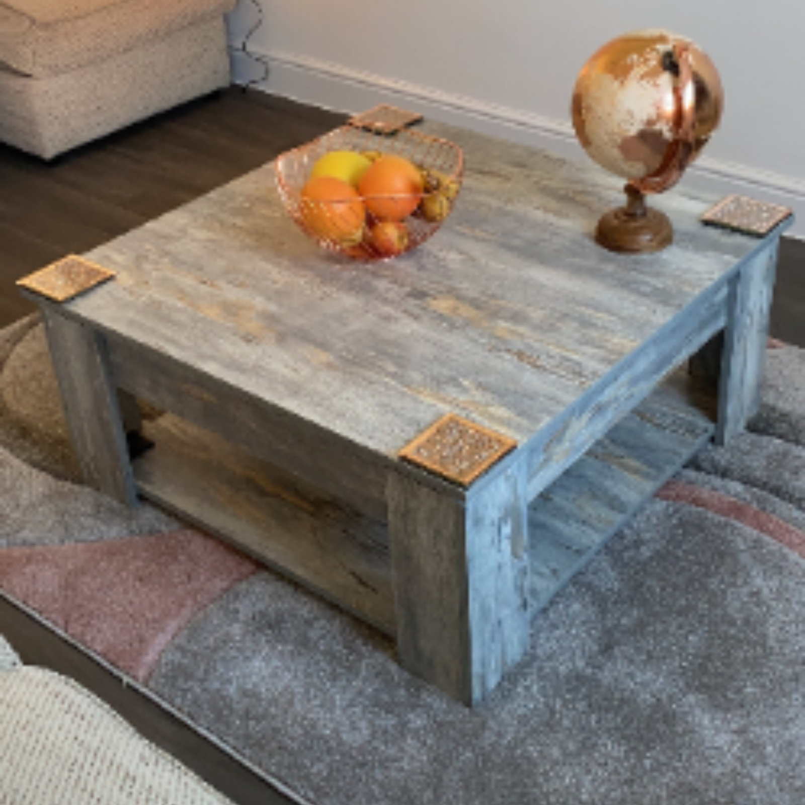 Grey Square Coffee Table with Shelf End Console Table Living Room Storage Table