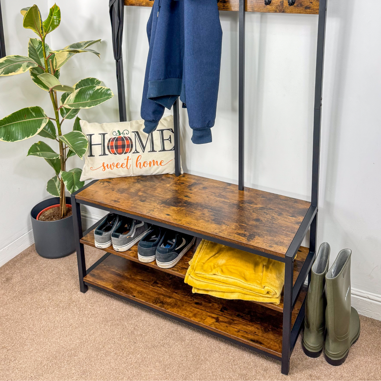Large Rustic Coat Rack With Seat Shoe Rack Hall Tree Entryway Shoe Bench Shelves
