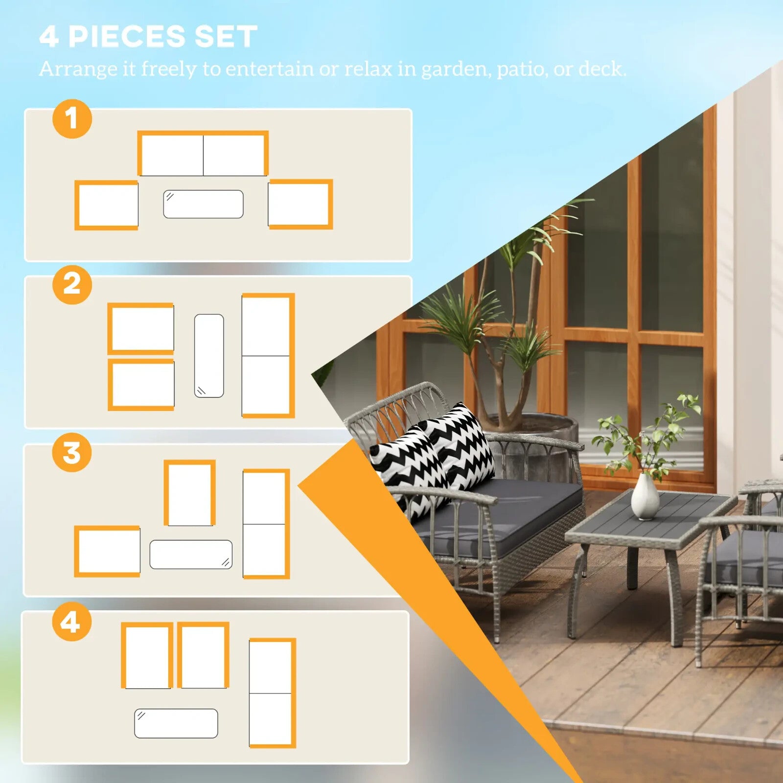 4 Piece Rattan Garden Furniture Set w/ Adjustable Back Loveseat & Outdoor Chairs