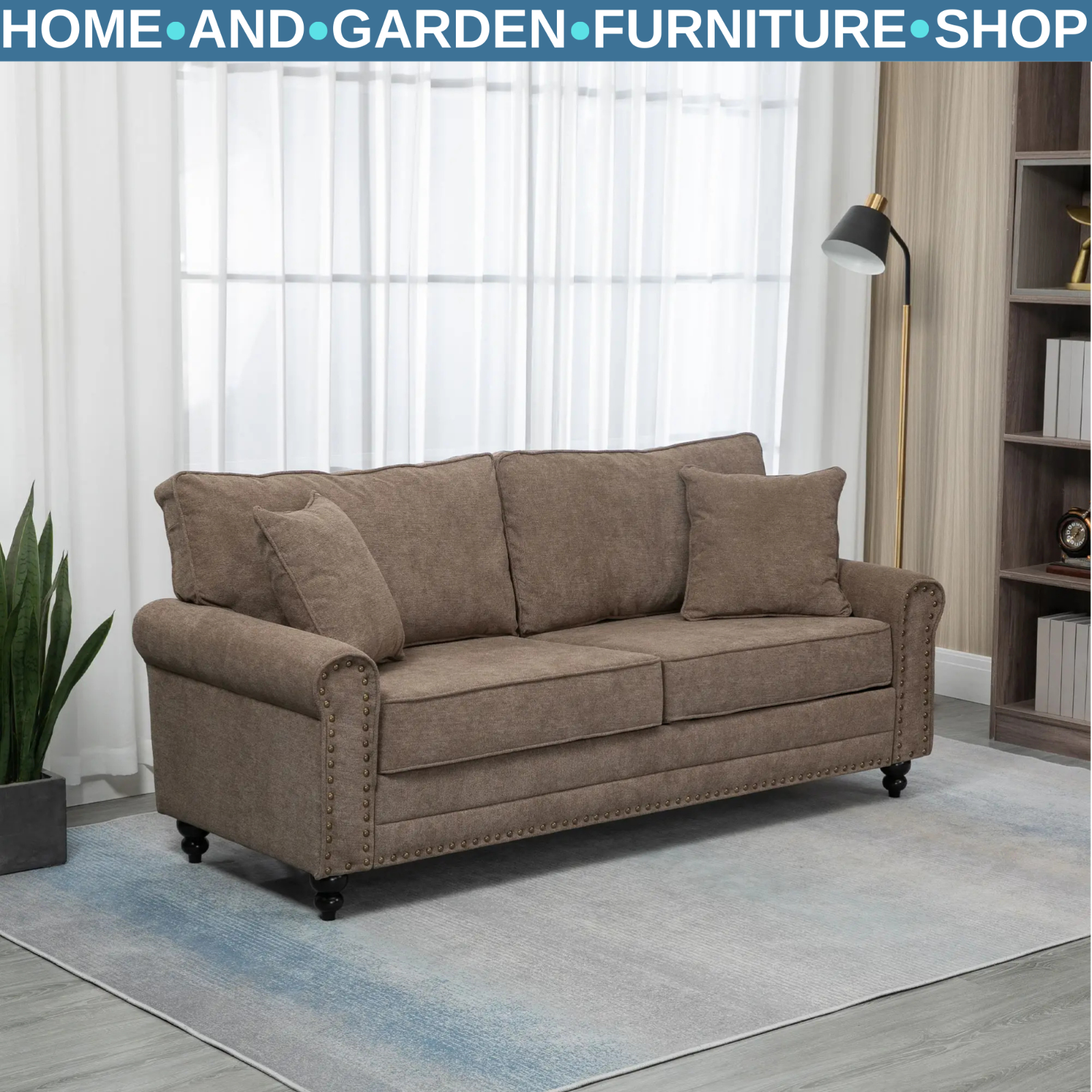 Brown 3 Seater Fabric Sofa for Living Room Settee Throw Pillow Thick Comfy Seats