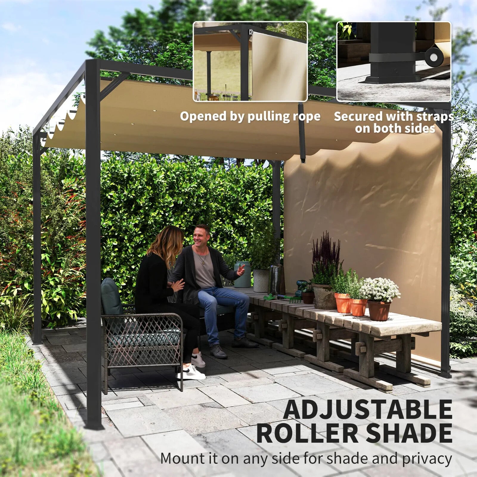 3x3 m Garden Pergola with Retractable Roof Canopy & Roller Shade Aluminium Frame