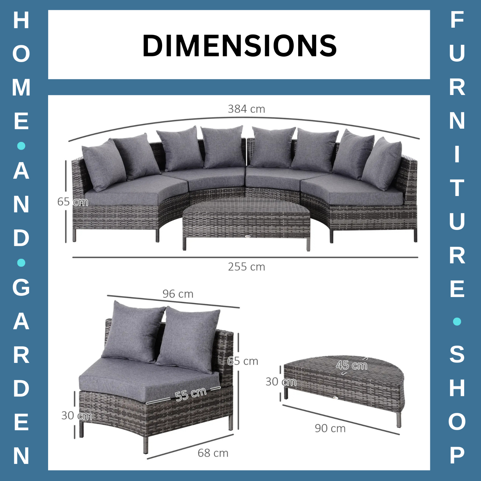 Garden Rattan Furniture 4 Seaters Half-round Patio Outdoor Sofa & Table - Grey