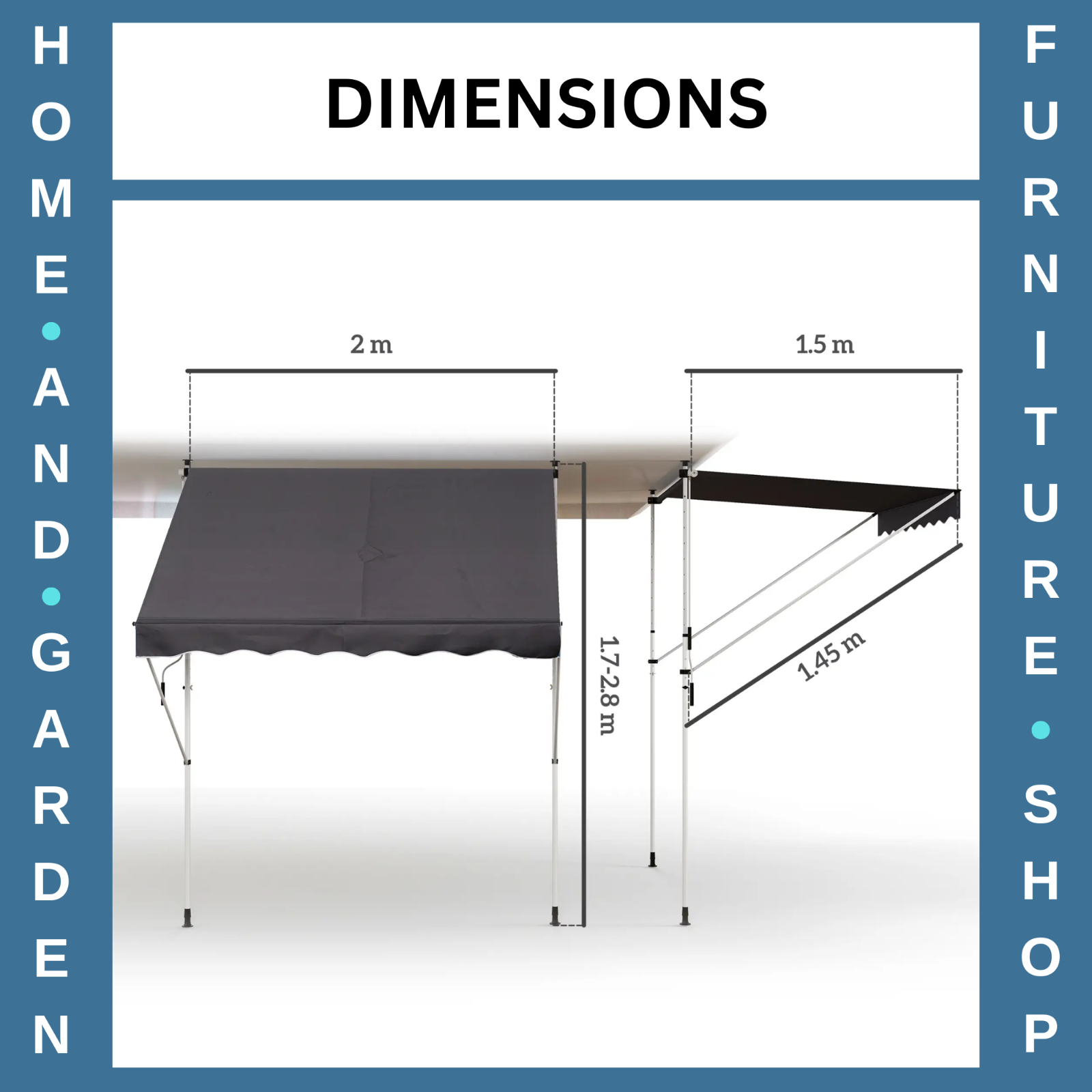 Manual Awning Retractable Shade Rectangular Aluminium Frame with Handle Grey