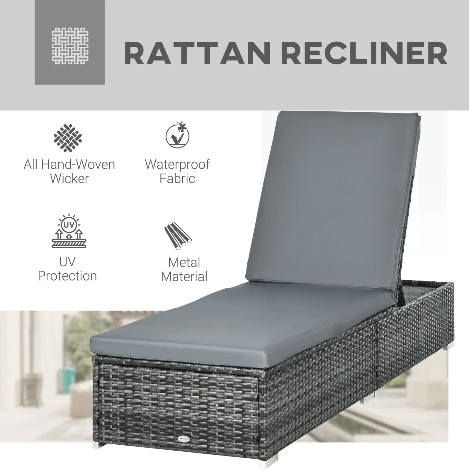Set of 2 PE Rattan Sun Loungers with  5-Level Recliner Backrest and Cushion Grey