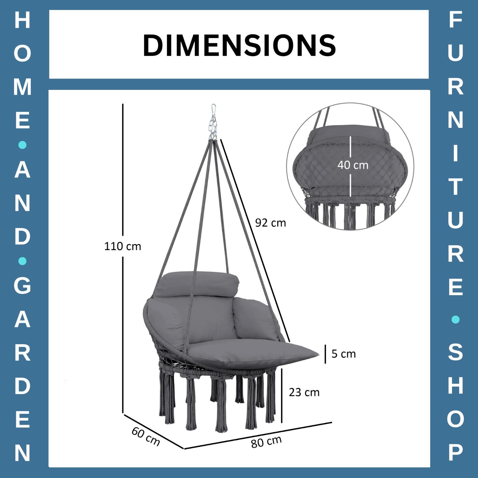 Hammock Hanging Chair Rope Boho Style Swing with Soft Padded Cushion Dark Grey
